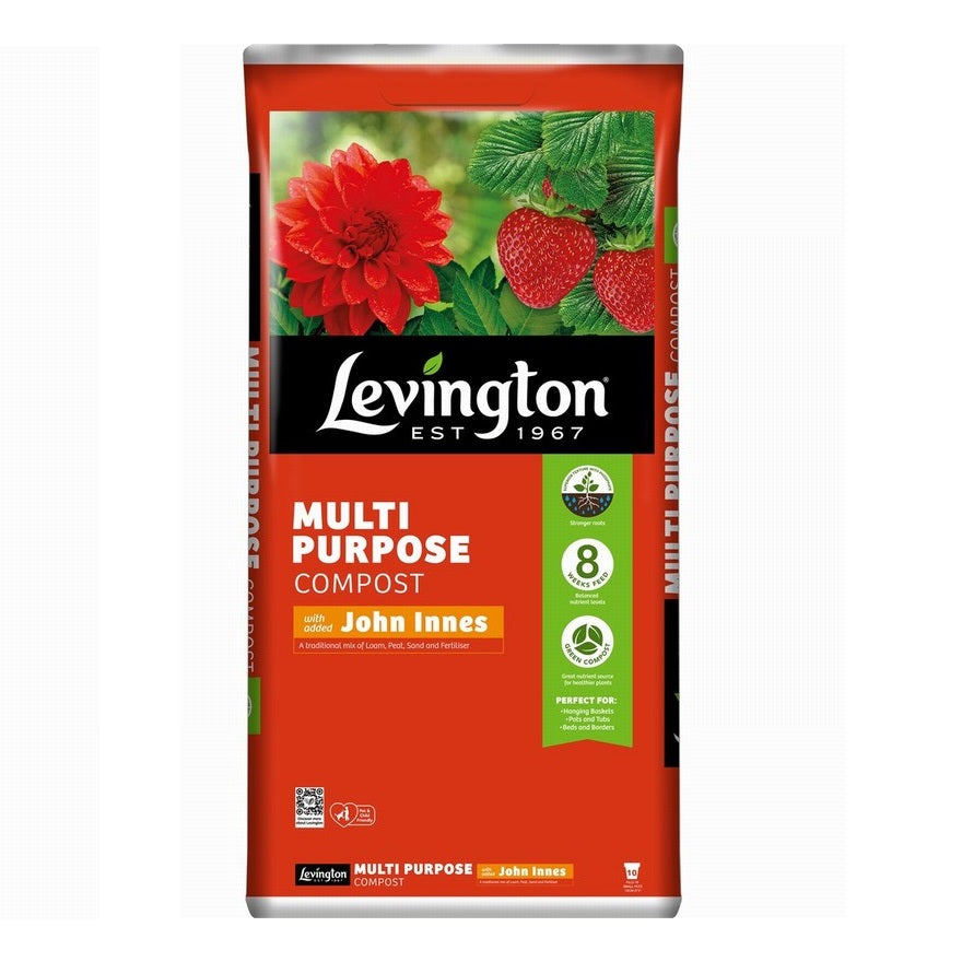 Levington Multi Purpose Compost with John Innes Multicoloured 10Ltr 121131 | For Pots-Beds-Tubs-Hanging Baskets and Borders | 8 Weeks Feed | Stronger Root | Green Compost | Superior Texture with Phosphate | Mix of Loam-Peat-Sand and Feriliser | Use All Around the Garden | Perfect for Seed Sowing | For Azaleas-Rhododendrons and Heathers