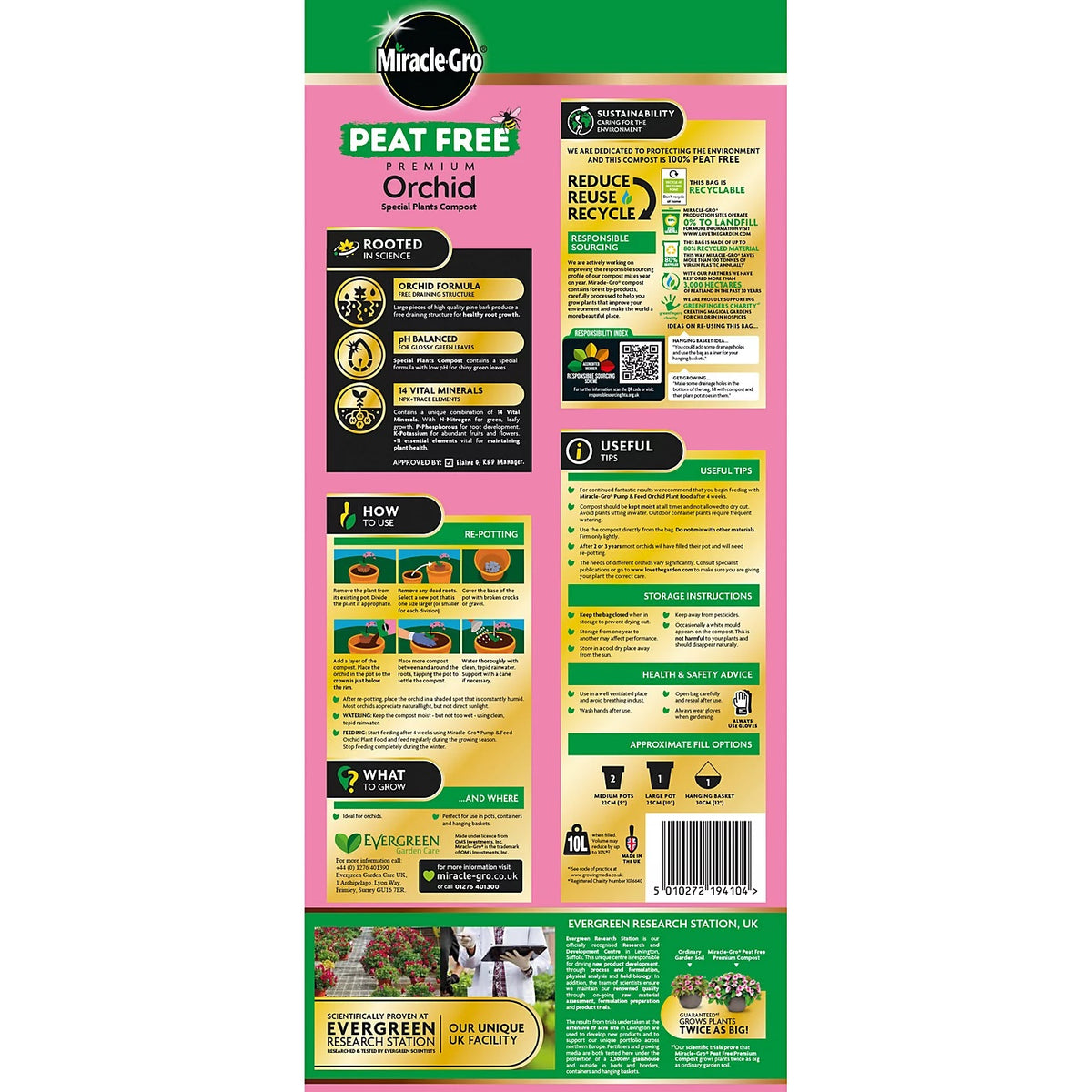 Miracle-Gro Peat Free Premium Orchid Compost Multicoloured 10Ltr 121135 | Special Plants Formula | Free Draining for Healthy Growth | For Glossy Green Leaves | Faster Growth and Stronger Plants | Pet and Child Friendly | pH Balanced | 14 Vital Minerals