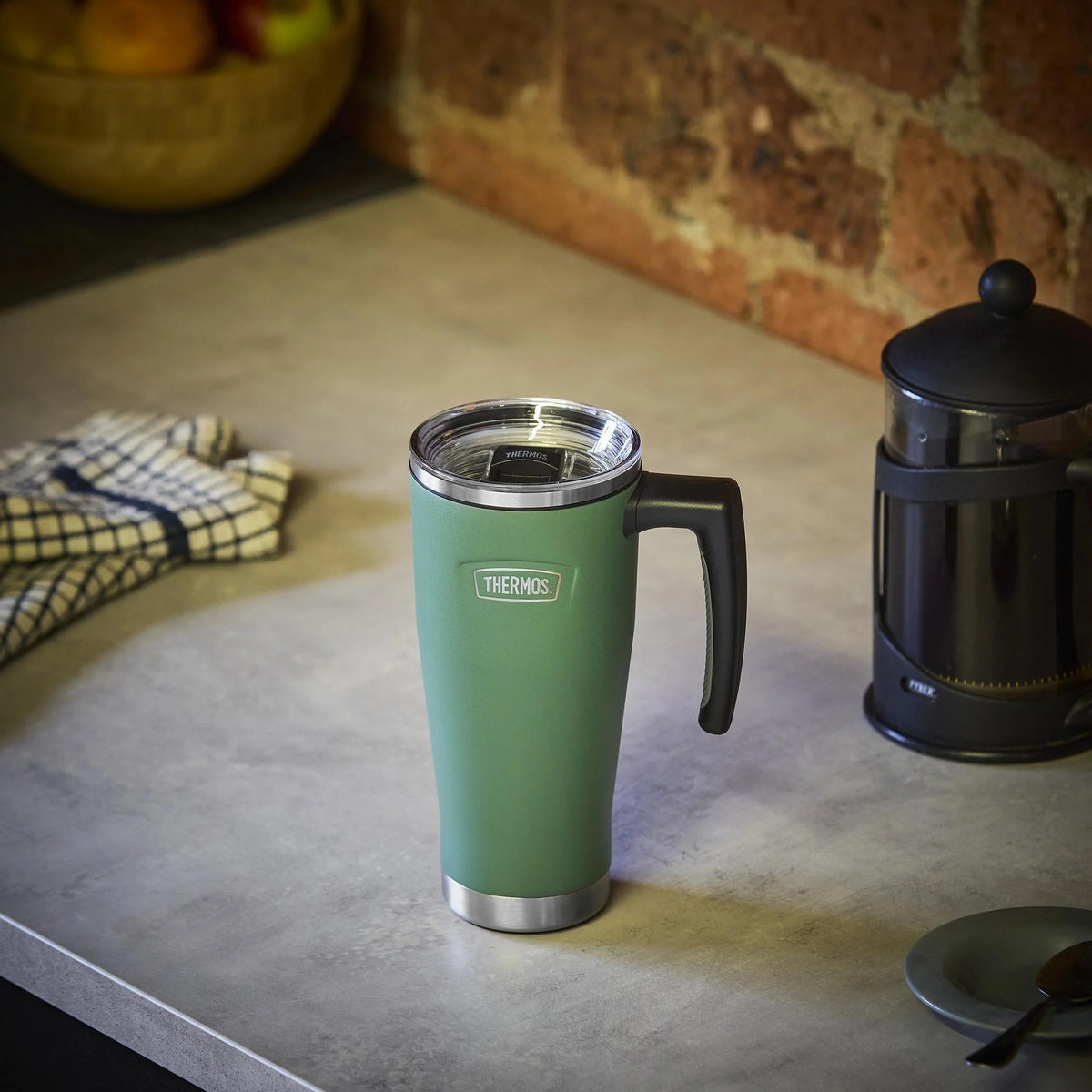 Thermos Icon Series Glide Travel Mug Rock Cap Green 9.7cm x 13.2cm x 21.8cm 530ml 400g 215783 | Vacuum Insulated Stainless Steel Mug | Keeps Drinks Cold for 22Hrs and Hot for 6Hrs | Durable Leak-Proof Travel Water Bottle | Dishwasher Safe | Cup Holder