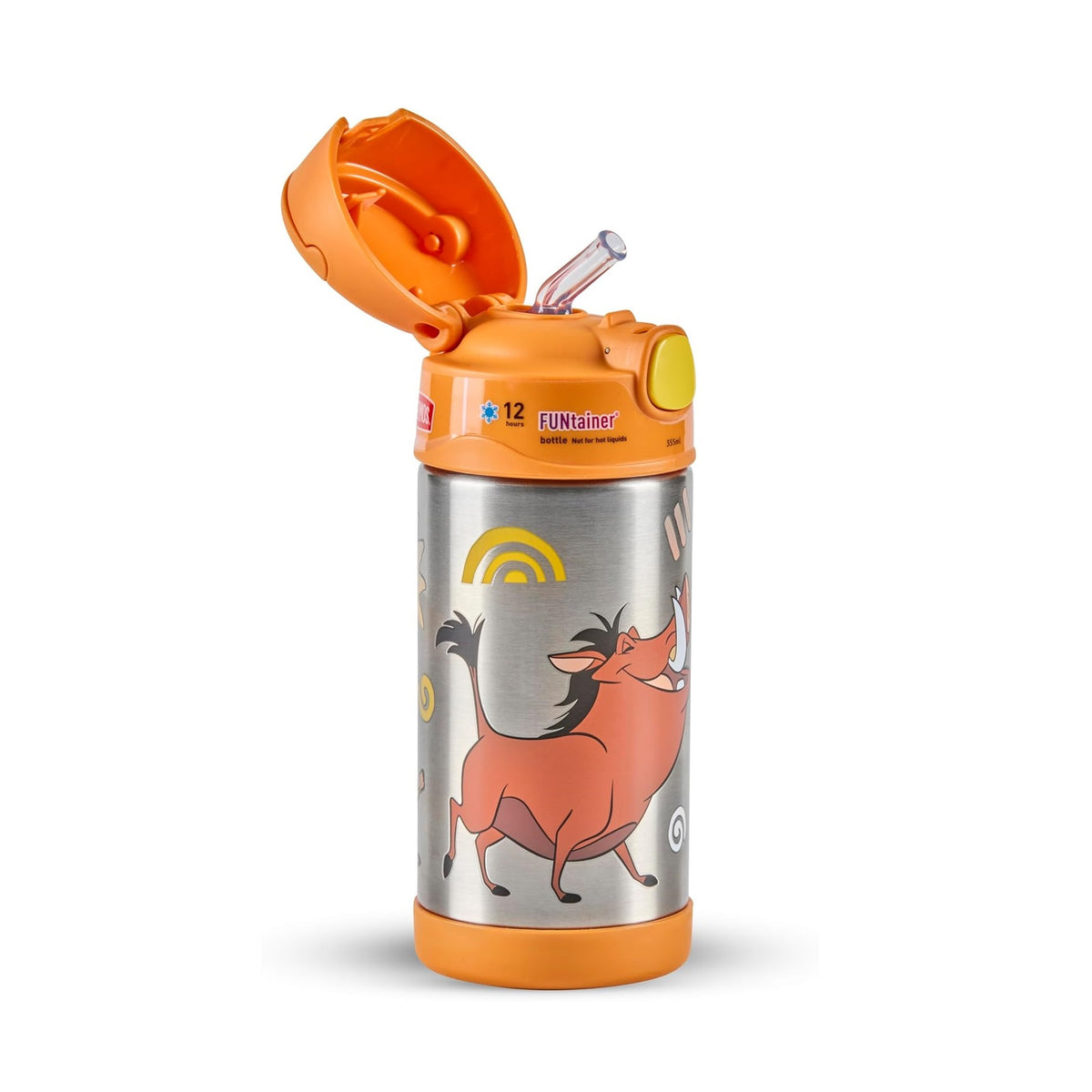 Thermos The Lion King Pumbaa Funtainer Water Bottle Orange 355ml 7.0cm x 7.0cm x 19.0cm 210g 200658 | Stainless Steel Bottle | Vacuum Insulated Kids Water Bottle | Keeps Drinks Cold for 12Hrs | Not for Hot Liquids