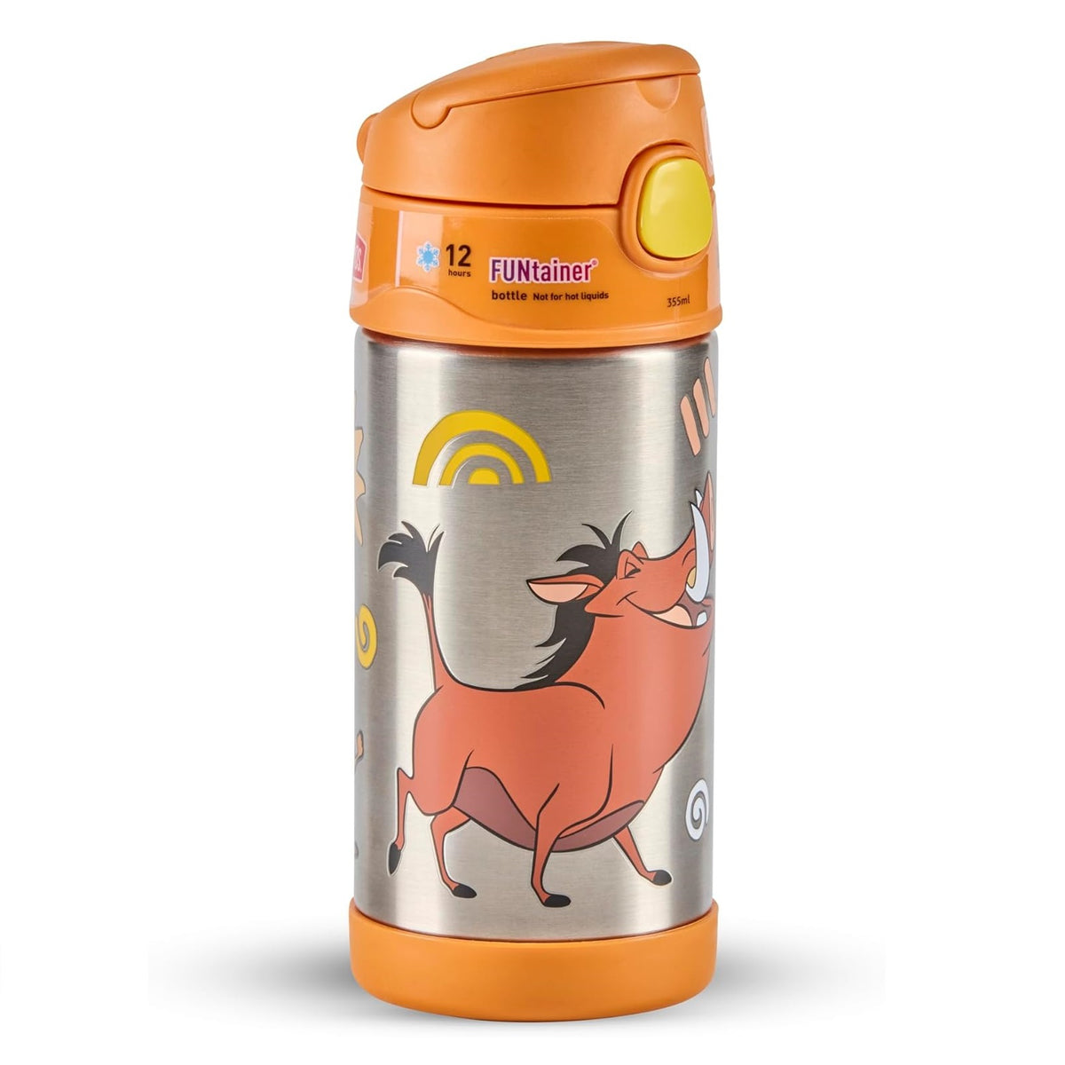 Thermos The Lion King Pumbaa Funtainer Water Bottle Orange 355ml 7.0cm x 7.0cm x 19.0cm 210g 200658 | Stainless Steel Bottle | Vacuum Insulated Kids Water Bottle | Keeps Drinks Cold for 12Hrs | Not for Hot Liquids