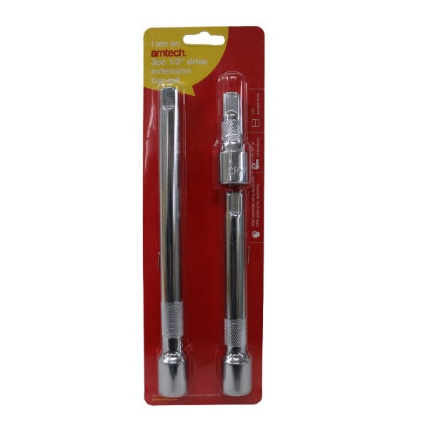 Amtech Drive Extension Bar Chorme Pack of 3 I3905 | Extensions Sizes - 75mm-150mm-225mm | Chrome Vanadium Steel | High Strength Alloy Steel with CRV Plating for Durability | Compatible with 0.5-Inch Drive Sockets