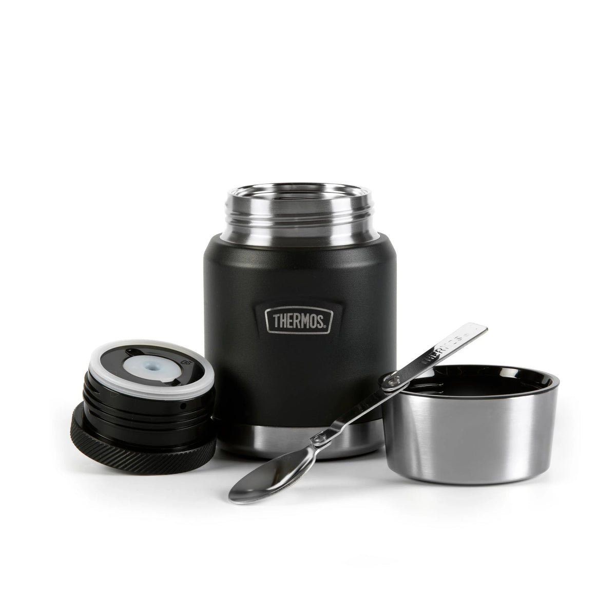 Thermos Icon Series Food Flask Granite Black 10cm x 10cm x 15cm 470ml 460g 230018 | Stow-Away Spoon Storage | Vacuum Insulated Stainless Steel | 10-Hrs Hot and 24-Hrs Cold | Leakproof | Durable and Portable | Non-slip Base | Insulated Pressure Relief