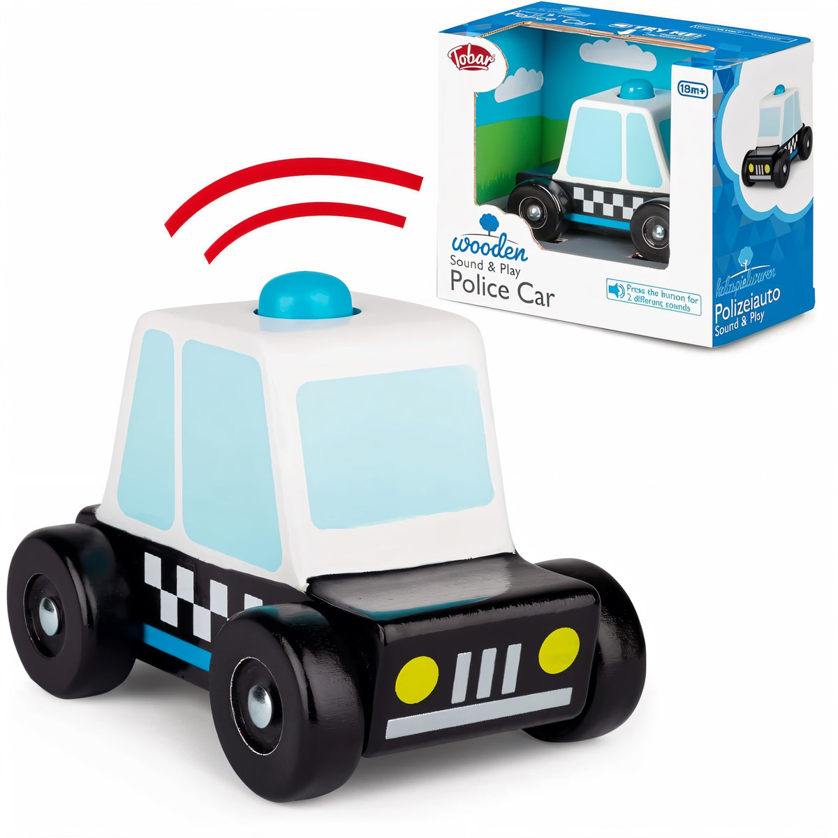 Tobar Wooden Sound and Play Police Car Multicolour H7cm x W6cm x D10cm 37880FSC | Hand to Eye Coordination | Imagination | Understanding the World | Social Skills
