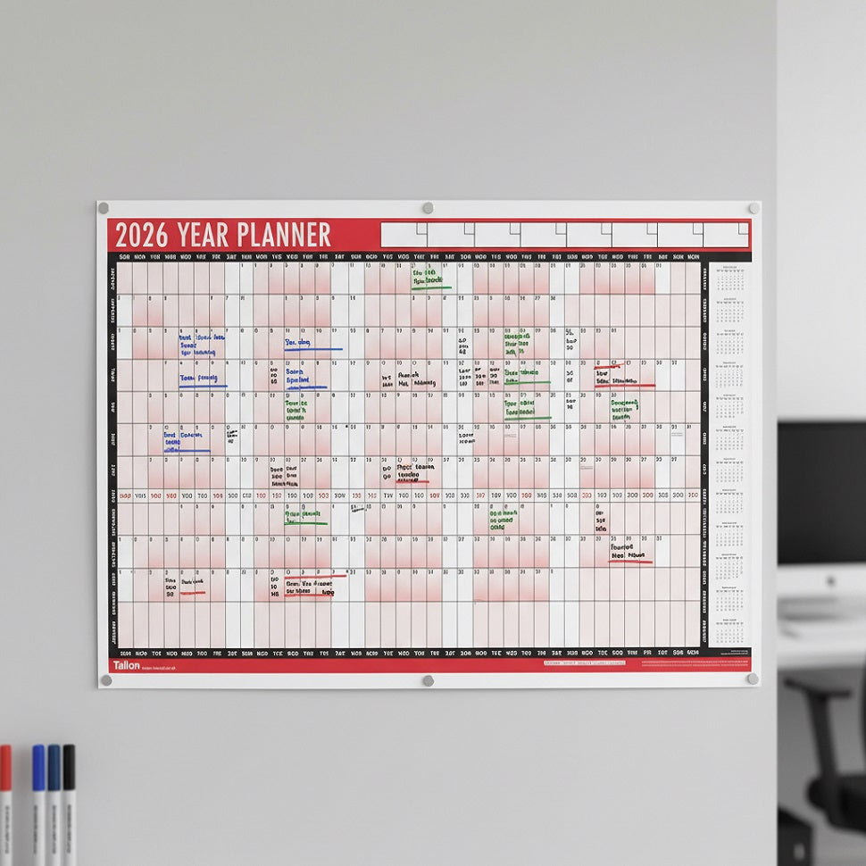 Tallon 2026 Full Year Wall Planner Calendar with Pen and Adhesive Dots Red and Black 85cm x 58cm 3805