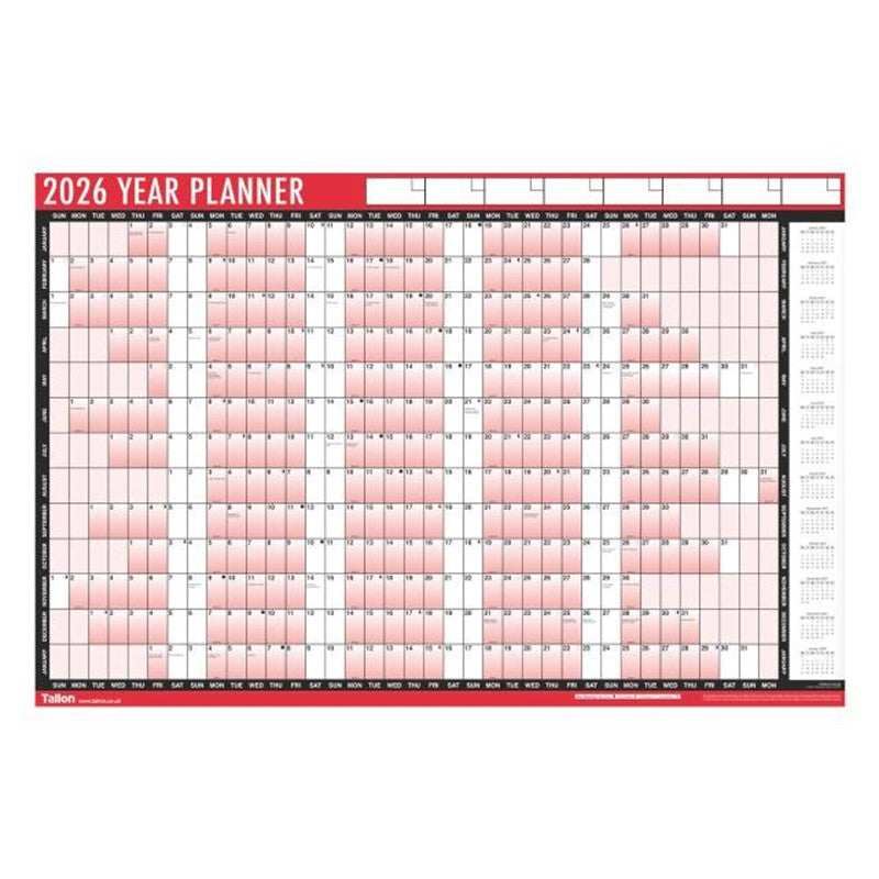 Tallon 2026 Full Year Wall Planner Calendar with Pen and Adhesive Dots Red and Black 85cm x 58cm 3805