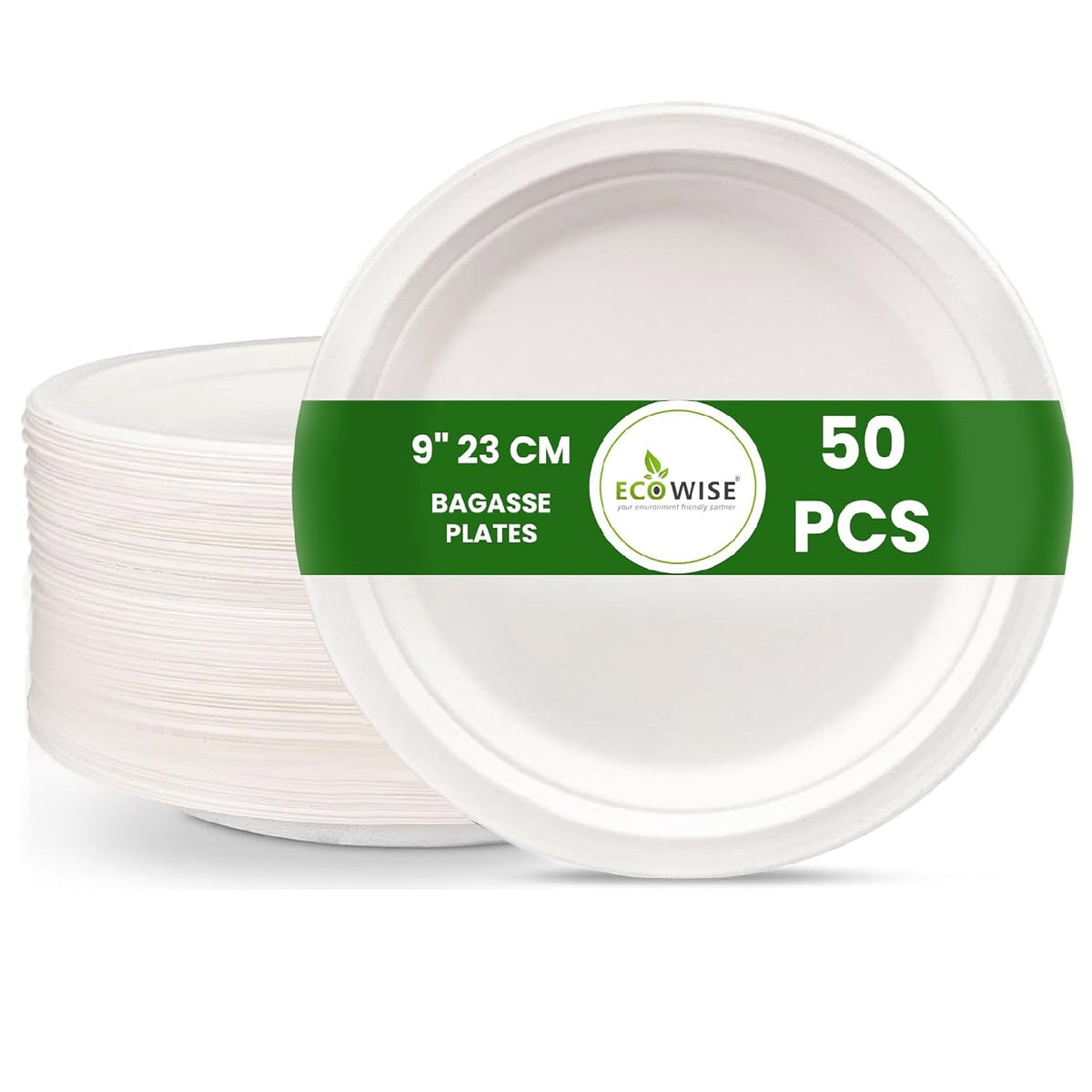 Ecowise Extra Strong Bagasse Plates White 9-Inch Pack of 50 EC-0065 | Made from Sugarcane Fibre | 100 Percent Compostable and Biodegradable