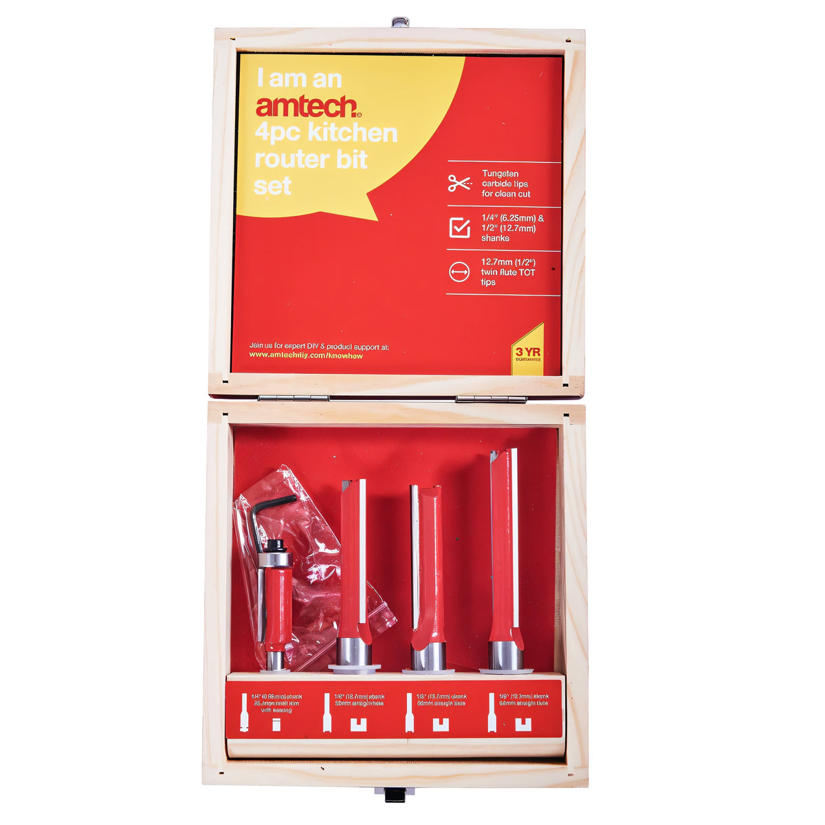 Amtech Kitchen Router Bit Set Red Pack of 4 F3625 | Tungsten Carbide Tips for Clean Cut | 6.25mm and 12.7mm Shanks | 12.7mm Twin Flute TCT Tips