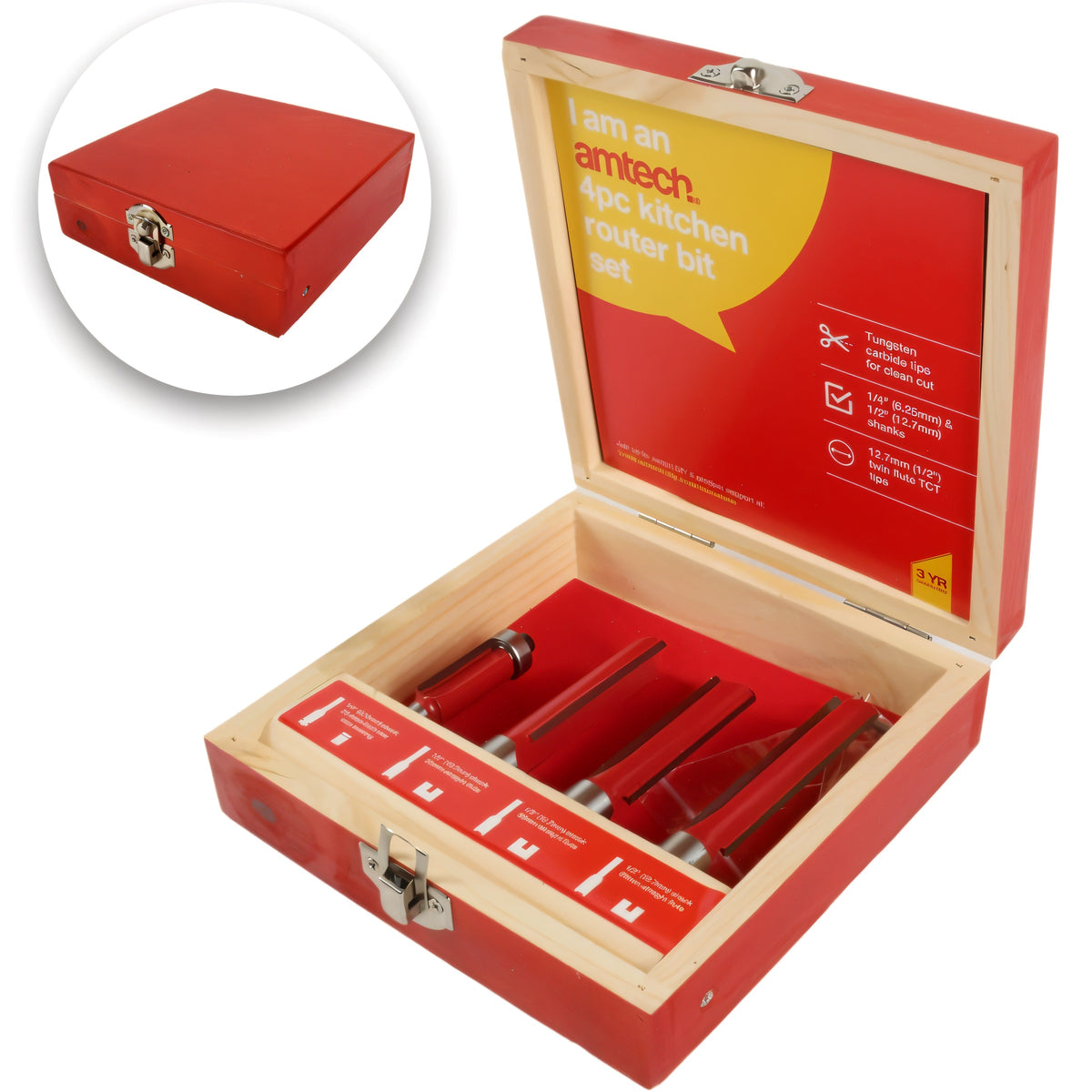 Amtech Kitchen Router Bit Set Red Pack of 4 F3625 | Tungsten Carbide Tips for Clean Cut | 6.25mm and 12.7mm Shanks | 12.7mm Twin Flute TCT Tips
