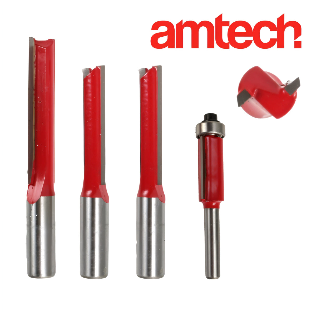Amtech Kitchen Router Bit Set Red Pack of 4 F3625 | Tungsten Carbide Tips for Clean Cut | 6.25mm and 12.7mm Shanks | 12.7mm Twin Flute TCT Tips