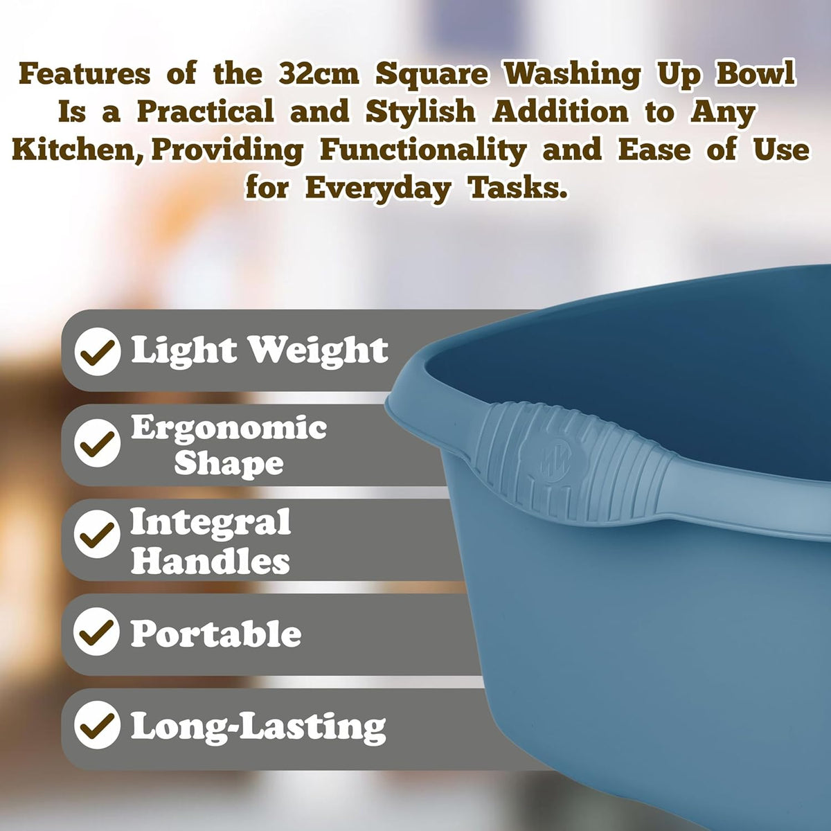 Wham Square Casa Bowl 32cm Navy 17207 | Durable Plastic Mixing and Washing Bowl | Lightweight and Easy to Clean | Ideal for Kitchen-Laundry and Household Use