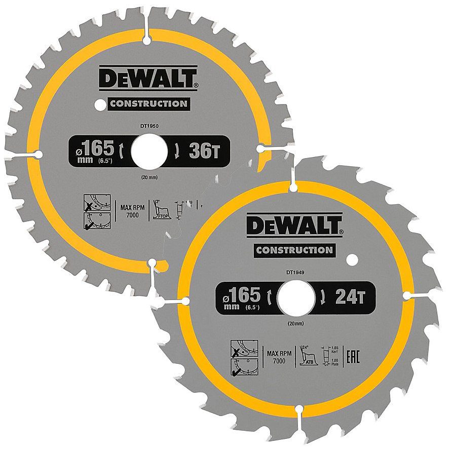Dewalt Construction Circular Saw Blade Silver 165mm x 20mm Pack of 2 DT90270-QZ