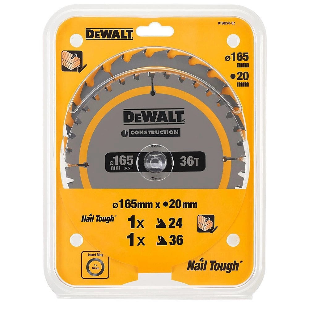 Dewalt Construction Circular Saw Blade Silver 165mm x 20mm Pack of 2 DT90270-QZ