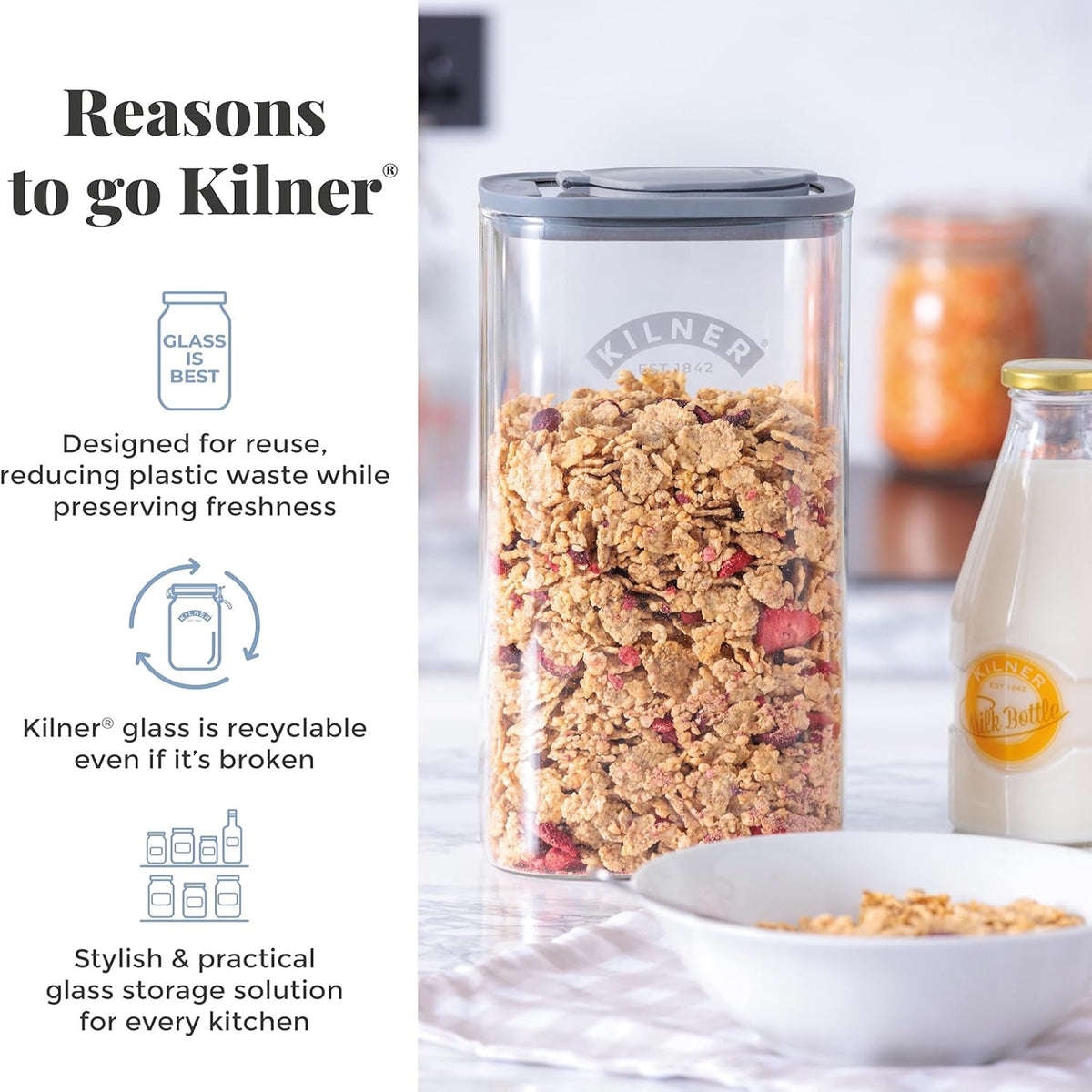 Kilner Glass Cereal Dispenser Jar Transparent 3Ltr 25 | Durable Glass | The Airtight Seal keeps Contents Fresher for Longer | Durable Lightweight Base