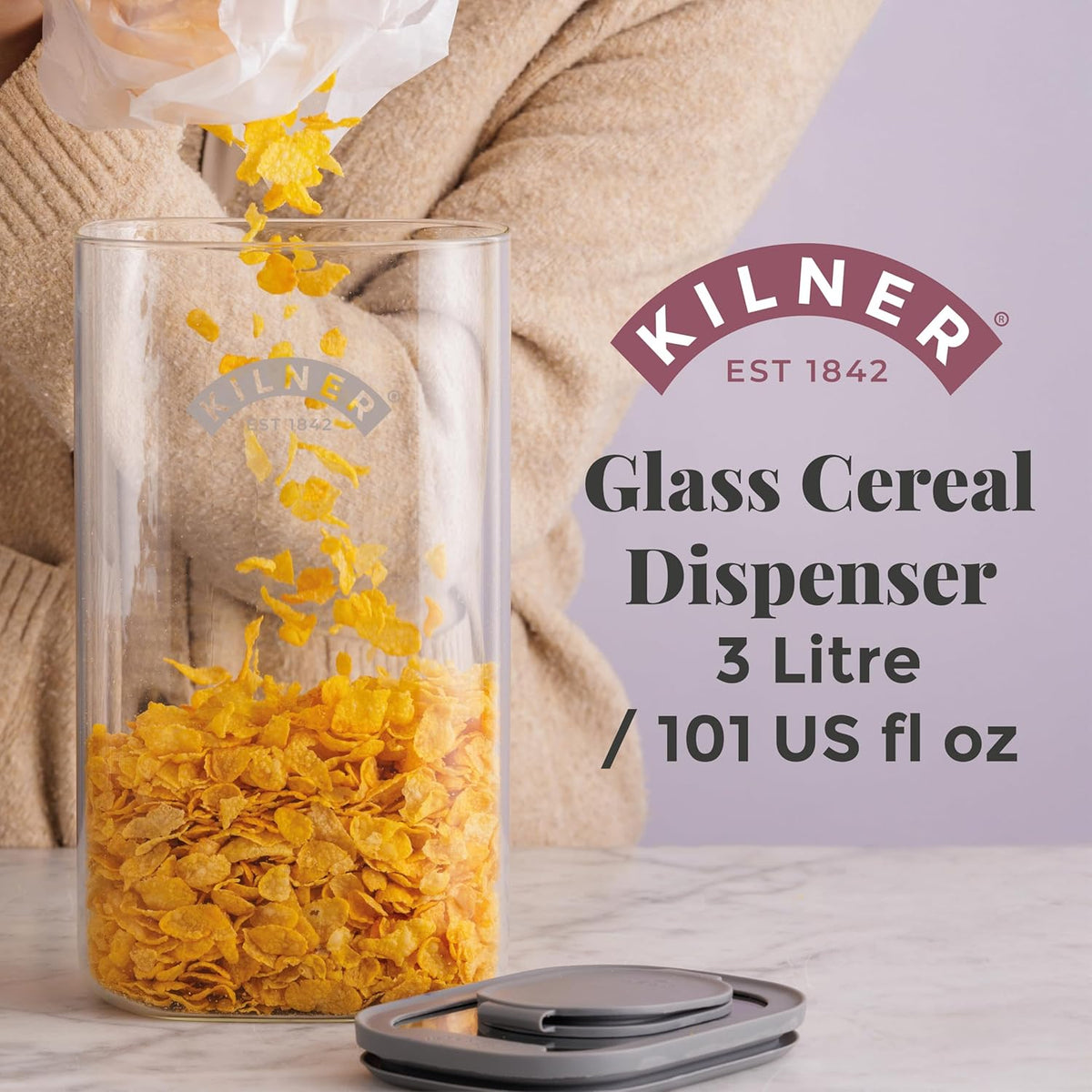 Kilner Glass Cereal Dispenser Jar Transparent 3Ltr 25 | Durable Glass | The Airtight Seal keeps Contents Fresher for Longer | Durable Lightweight Base