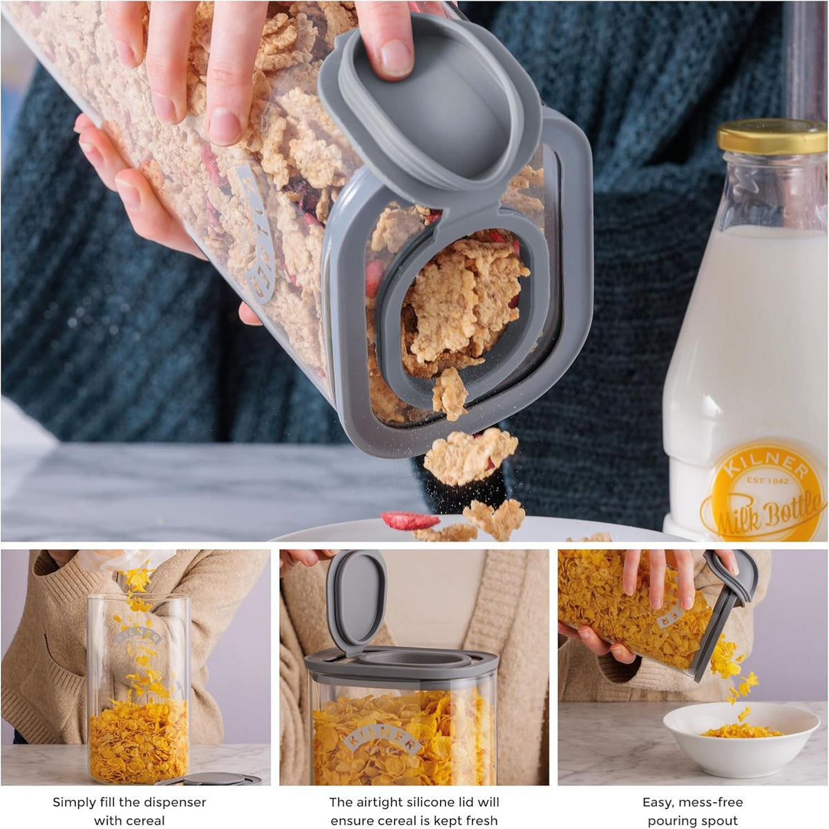 Kilner Glass Cereal Dispenser Jar Transparent 3Ltr 25 | Durable Glass | The Airtight Seal keeps Contents Fresher for Longer | Durable Lightweight Base
