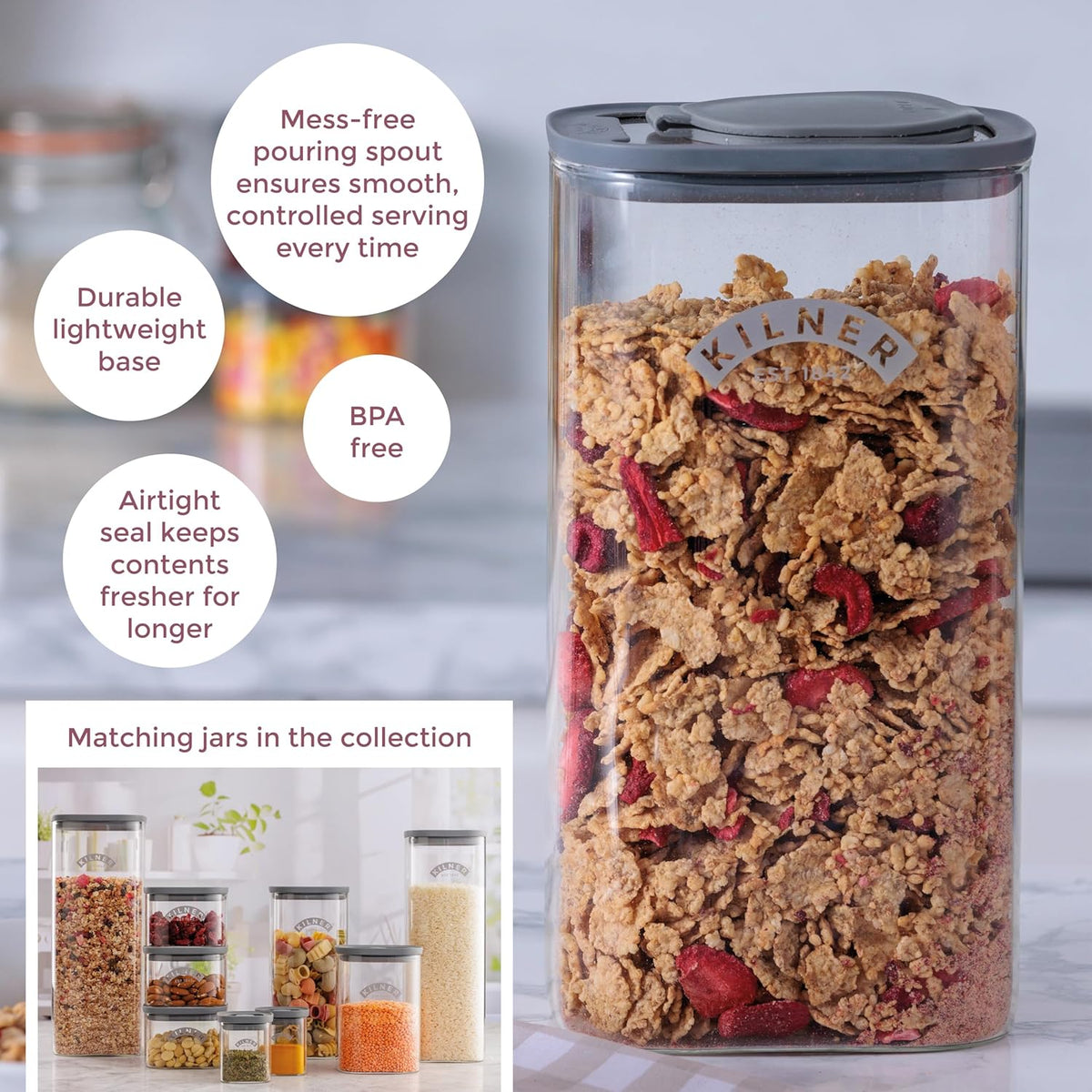 Kilner Glass Cereal Dispenser Jar Transparent 3Ltr 25 | Durable Glass | The Airtight Seal keeps Contents Fresher for Longer | Durable Lightweight Base