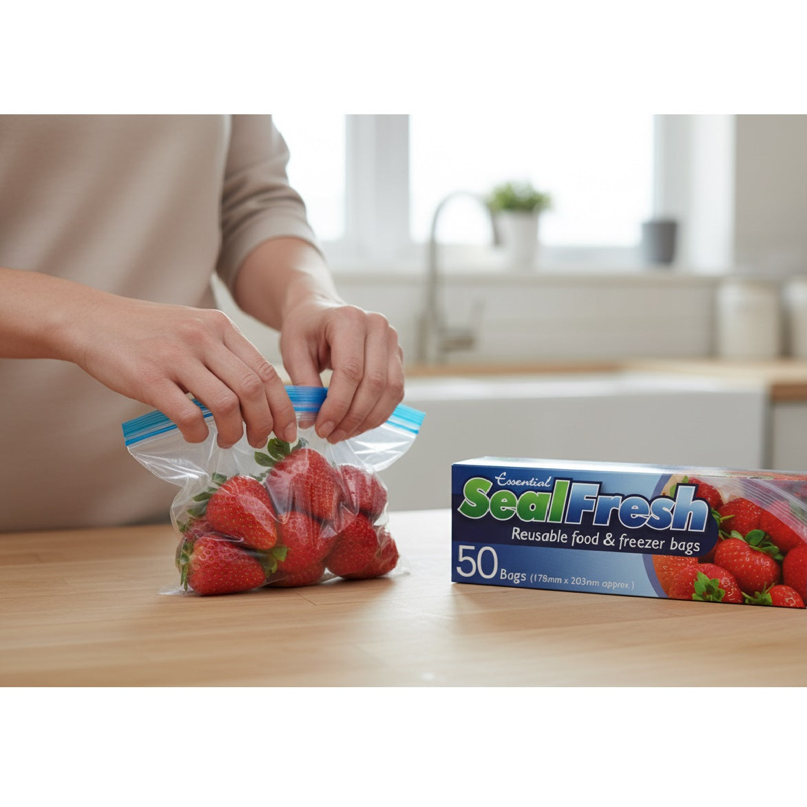 Essential Housewares Seal Fresh Reusable Food and Freezer Bags Clear Medium 178mm x 203mm Pack of 50 ZIPS50