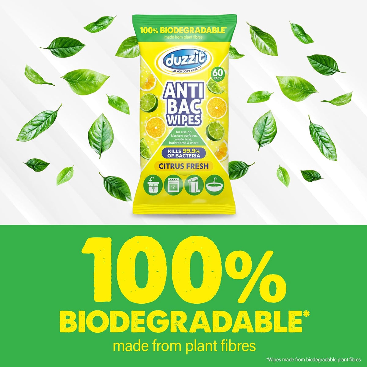 Duzzit Anti-Bac Wipes Citrus Fresh Multicoloured Pack of 60 DZT1202 | 100 Percent Biodegradable Cleaning Wipes | Made from Plant Fibres | Kills Bacteria | For Kitchen-Bathroom and Household Surfaces | Long Lasting Fresh Scent