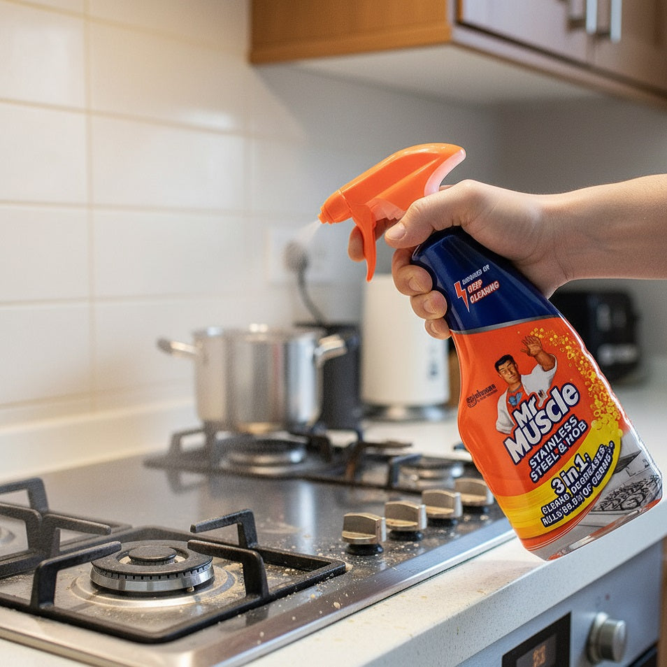 SCJohnson Mr Muscle Stainless and Hob Cleaner Spray 530ml HOMRM021 | Deep Cleaning | 3 in 1 Cleans-Degreases-Kills 99.9 Percent of Germs