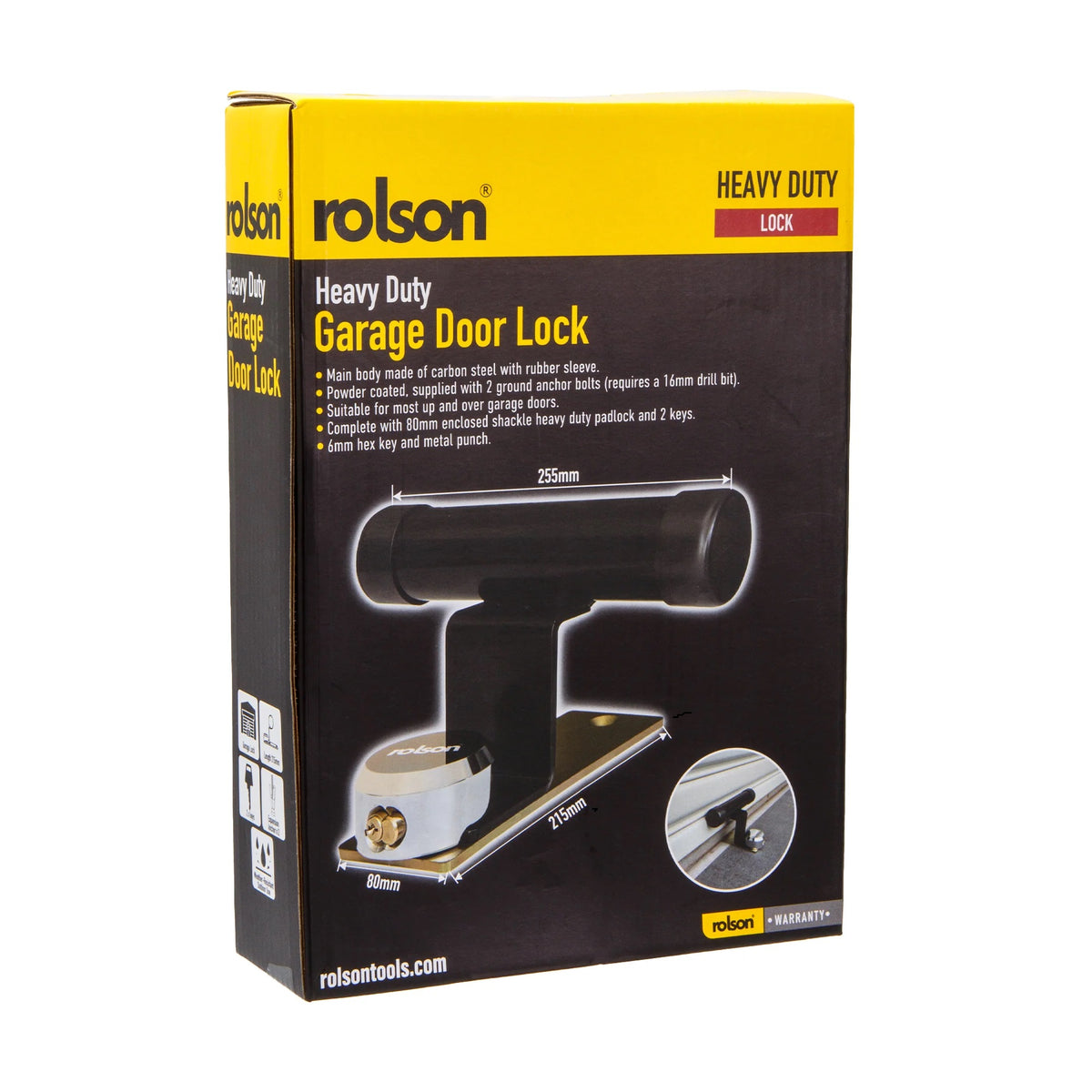 Rolson Heavy Duty Garage Door Lock Black 255mm x 215mm x 80mm 66914 | Main Body made of Carbon Steel with Rubber Sleeve | Powder Coated | Supplied with 2 Ground Anchor Bolts | Suitable for most up and Over Garage Doors | Complete with 80mm Enclosed