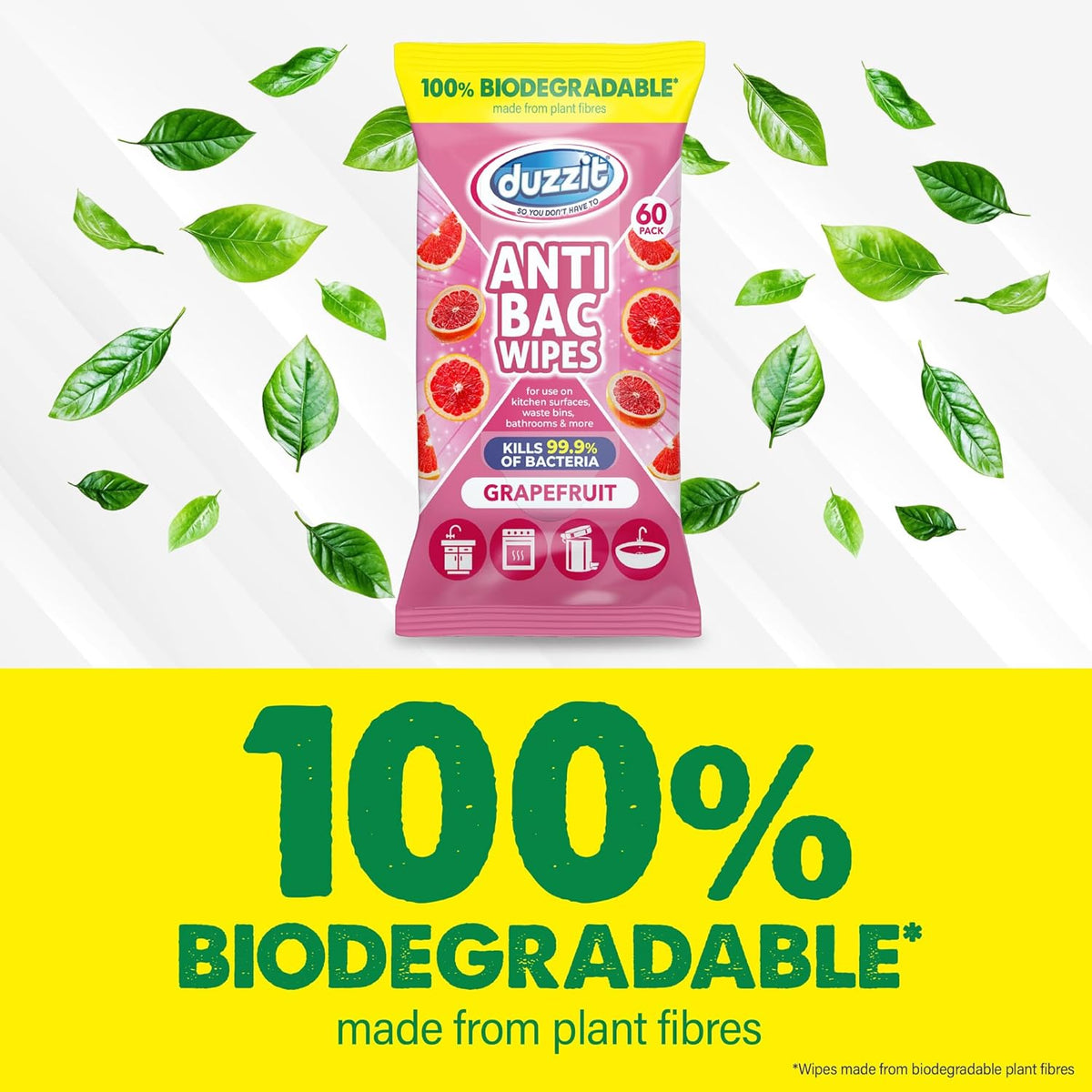 151 Duzzit Anti-Bac Wipes Grapefruit White Pack of 60 DZT1203 | 100 Percent Biodegradable | Kills Bacteria | Multi-Surface Cleaner | For Kitchen Surface | Waste Bins | Bathroom and More