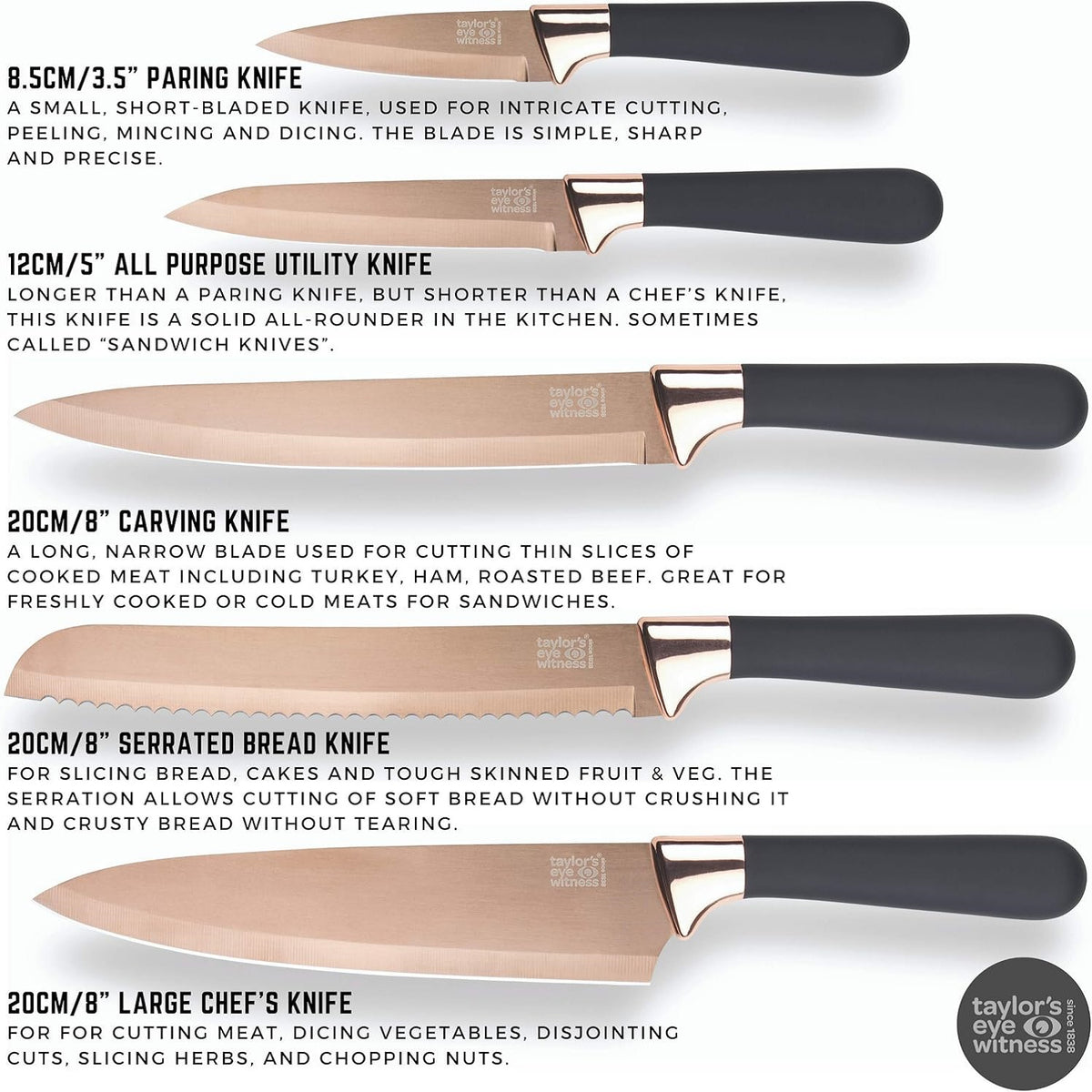 Taylors Eye Witness Knife Block Set Rose Gold and Black Set of 5 LVKB02 | With Hard Titanium -Nitride Plated Blades | Stylish Rose Gold Coloured Bolsters | Set includes Paring-All Purpose-Carving-Bread and 20cm Cook Knives | High Quality | Hard Titanium