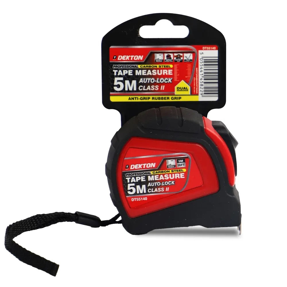 Dekton Professional Carbon Steel Tape Measure Black and Red 5Mtr DT55140 | Dual Markings | Anti-Grip Rubber Grip | Auto-Lock