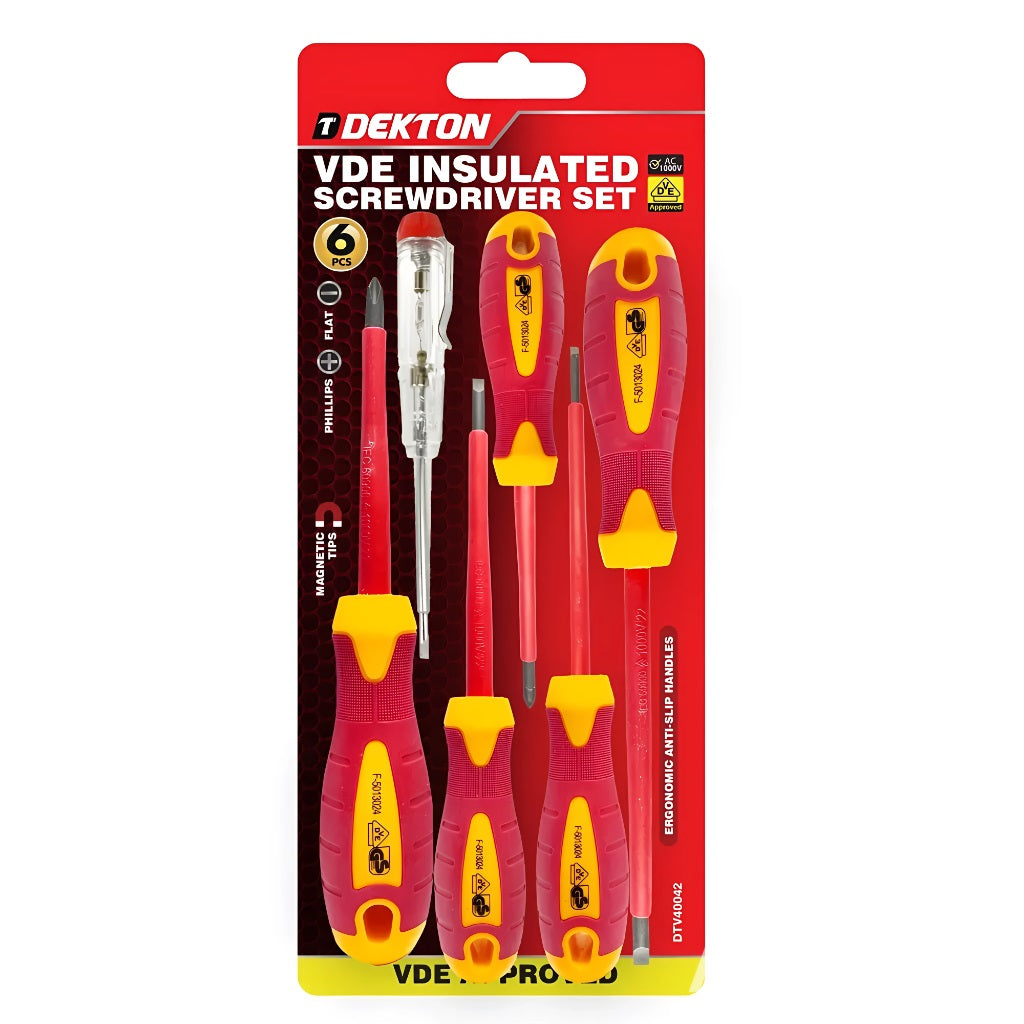 Dekton VDE Insulated Screwdriver Red and Yellow Set of 6 DTV40042 | Magnetic Tips | Ergonomic Anti-Slip Handles | VDE Approved