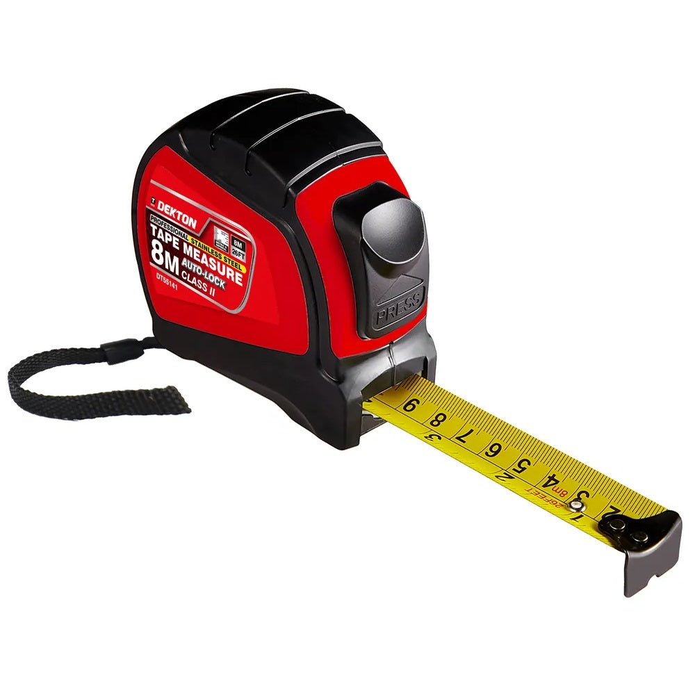 Dekton Professional Carbon Steel Tape Measure Black and Red 8Mtr DT55141 | Dual Markings | Anti-Grip Rubber Grip | Auto-Lock