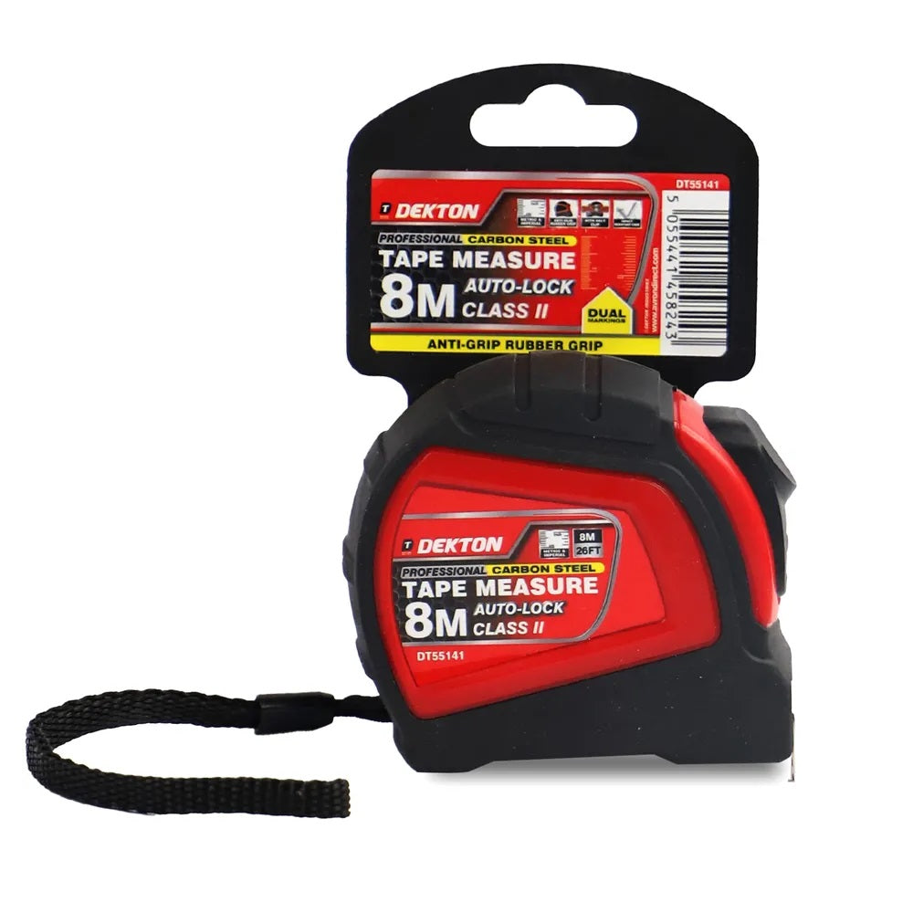 Dekton Professional Carbon Steel Tape Measure Black and Red 8Mtr DT55141 | Dual Markings | Anti-Grip Rubber Grip | Auto-Lock