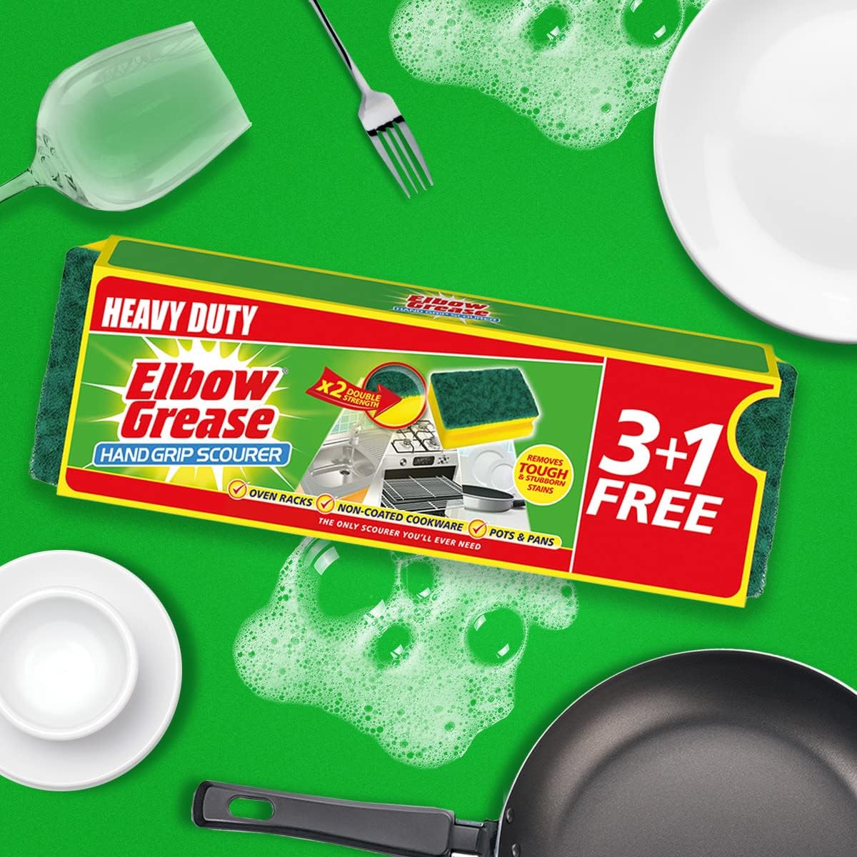 151 Elbow Grease Heavy Duty Hand Grip Scourer Yellow and Green Pack of 4 EG82 | Double Strength Cleaning Pads | Removes Tough and Stubborn Stains | Ideal for Oven Racks-Pots-Pans and Non-Coated Cookware