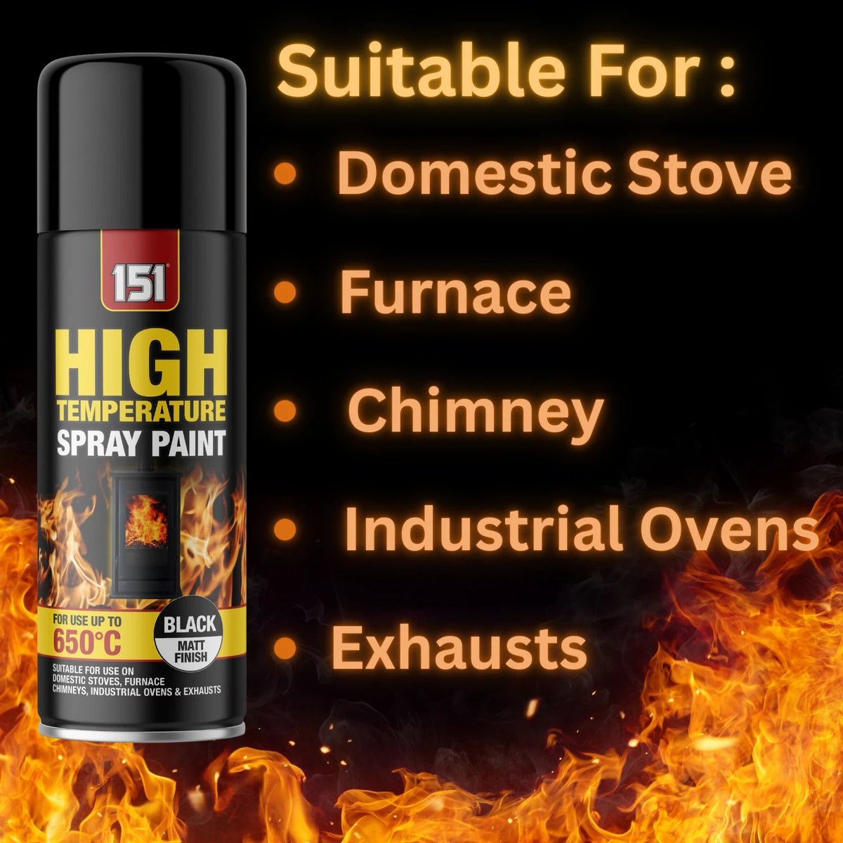 151 High Temperature Spray Paint Black Matt Finish 400ml TAR086 | Heat Resistant Up to 650 Degree C | Coating for Stoves-Furnaces-Chimneys-Ovens and Exhausts | Durable Protective Heatproof Paint | Give An Even Coverage