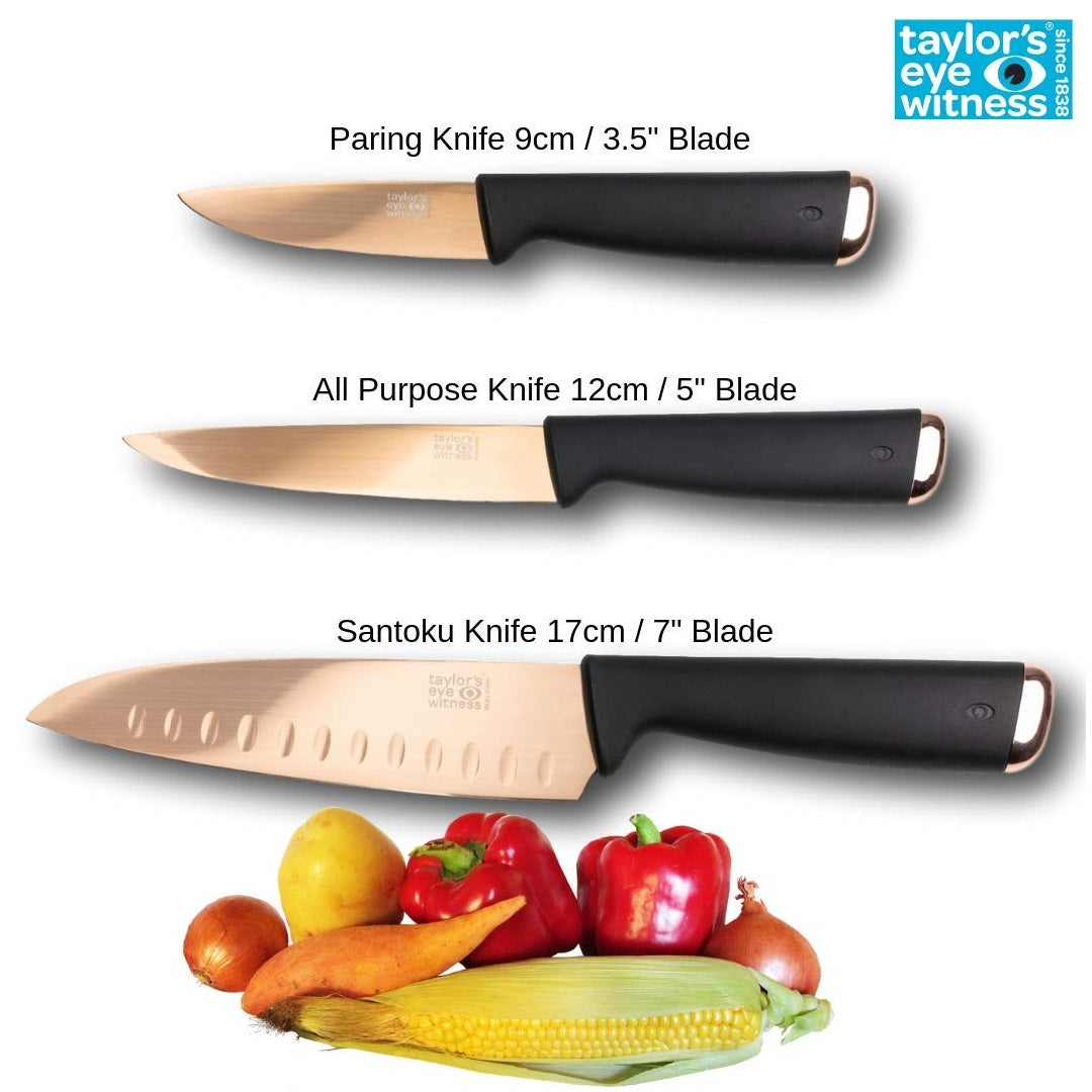 Taylors Eye Witness Juno Knife Set Rose Gold Pack of 3 LMS28RGBS5 | Anti-Bacterial Coated | Precision Ground | Contains 9cm Pairing Knife-All Purpose Knif-17cm Santoku Knife