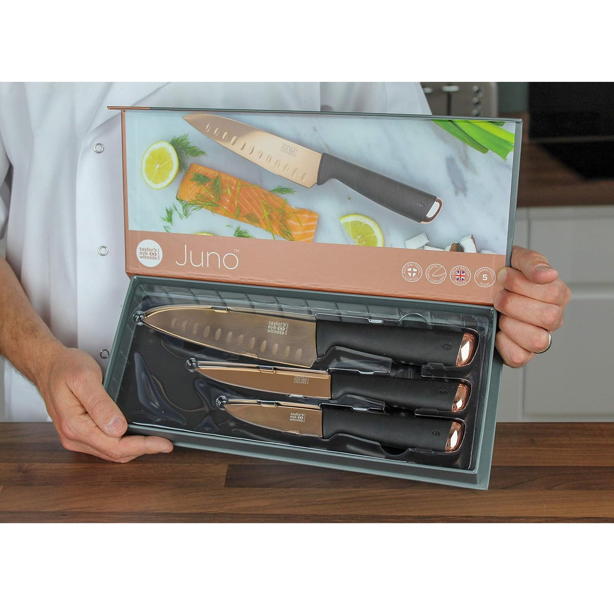 Taylors Eye Witness Juno Knife Set Rose Gold Pack of 3 LMS28RGBS5 | Anti-Bacterial Coated | Precision Ground | Contains 9cm Pairing Knife-All Purpose Knif-17cm Santoku Knife