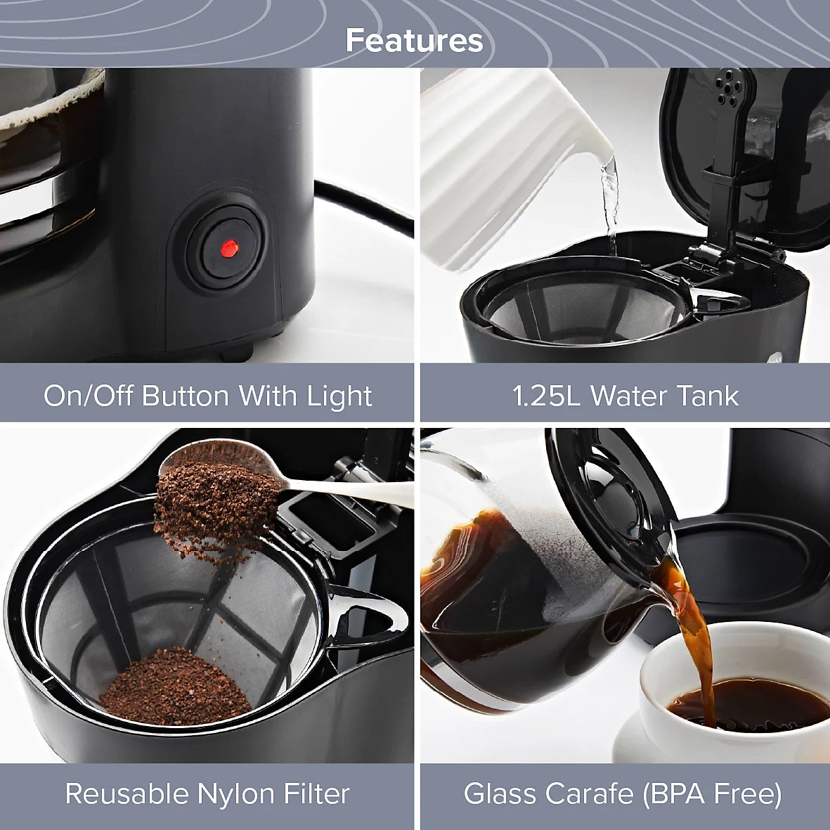 Quest Drip Coffee Machine Black 1.25Ltr 750W 36579 | On-Off Switch | Removable Funnel for Easy Cleaning | 30 Minutes Keep Warm | Automatic Shut off Boil Dry Protection |30 Second Anti-Drip Function | Reusable Nylon Filter | Glass Carafe BPA Free | Easy