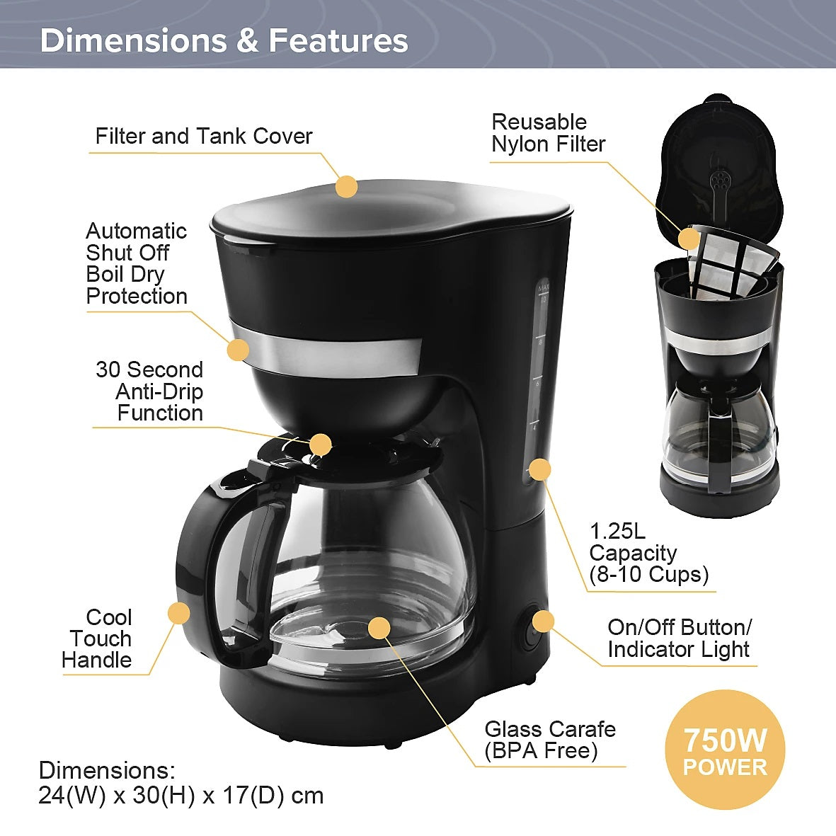 Quest Drip Coffee Machine Black 1.25Ltr 750W 36579 | On-Off Switch | Removable Funnel for Easy Cleaning | 30 Minutes Keep Warm | Automatic Shut off Boil Dry Protection |30 Second Anti-Drip Function | Reusable Nylon Filter | Glass Carafe BPA Free | Easy