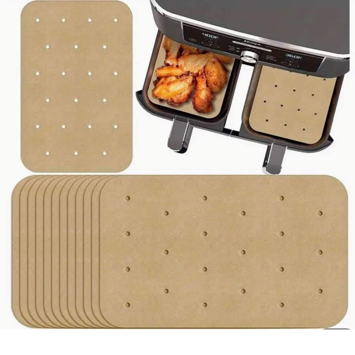 Every Chef Rectangular Air Fryer Liners Brown Pack of 80 14cm x 20.5cm 324327 | Non-Stick | Perfect for Dual Zone Air Fryers | Catches Drips | Protects Basket | Improves Steam Circulation | Great for Wide Range of Foods