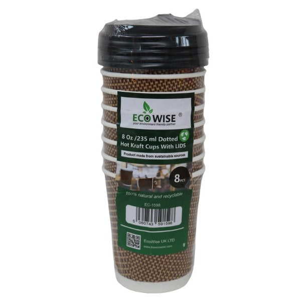 EcoWise Dotted Hot Kraft Cups with Lids Brown 235ml Pack of 8 EC-1598 | Natural and Recyclable | Insulated Paper Coffee Cups | For Tea-Latte and Hot Drinks | Made from Sustainable Sources