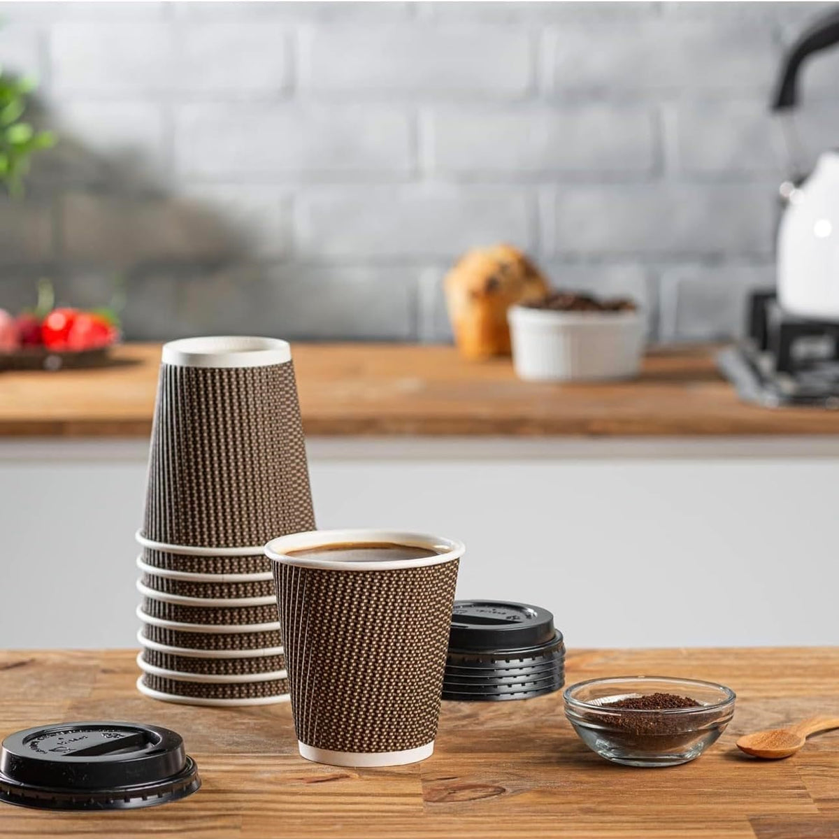 EcoWise Dotted Hot Kraft Cups with Lids Brown 235ml Pack of 8 EC-1598 | Natural and Recyclable | Insulated Paper Coffee Cups | For Tea-Latte and Hot Drinks | Made from Sustainable Sources