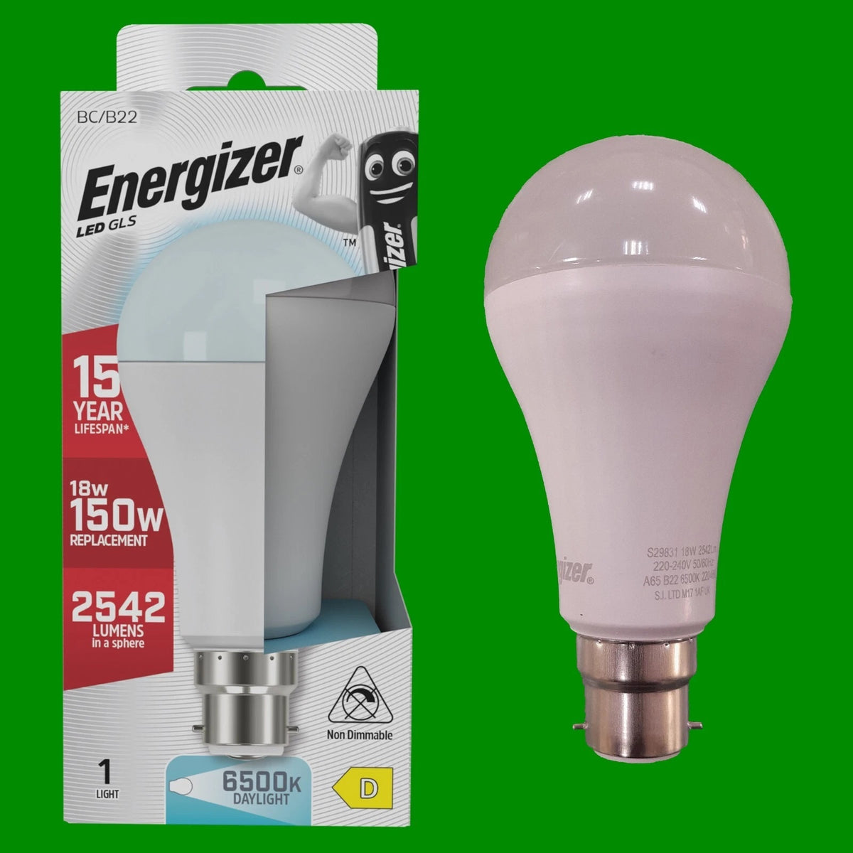 Energizer GLS BC-B22 LED Light Bulb White 65mm x 130mm S29832 | 18W | 150W Replacement | 6500K Daylight | 2542 Lumens | 15-Year Lifespan | Non-Dimmable | 15000Hr Lifespan | Mercury Free | Energy Rating D | CRI-80