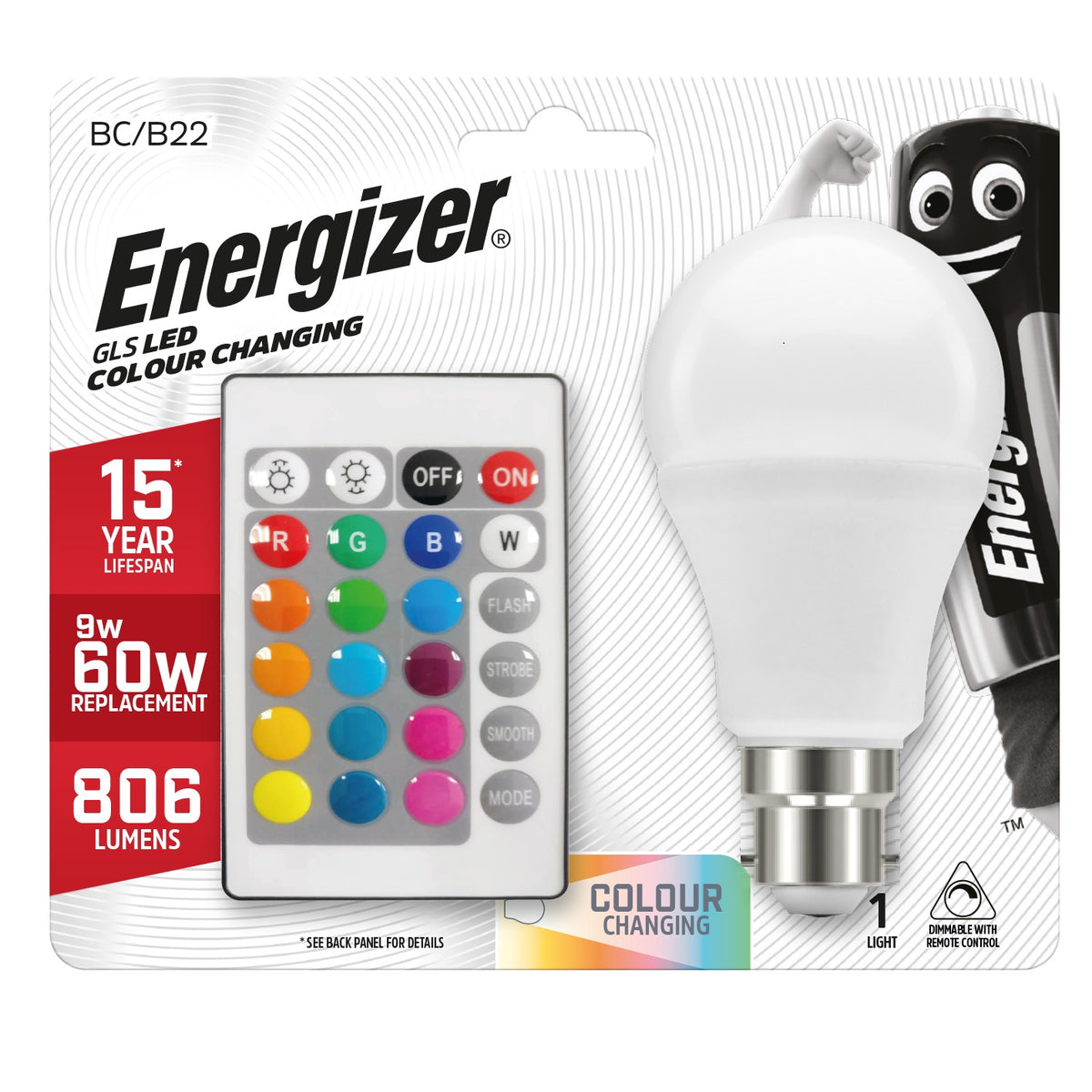 Energizer BC-B22 GLS LED Colour Changing Bulb with Remote Control White 106mm x 60mm S14543 | 9.7W | 60W Replacement | 806 Lumens | 15-Year Lifespan | Dimmable | Mercury Free | Energy Rating G | 15000Hr Lifespan | Five Brightness Settings | Provide 15