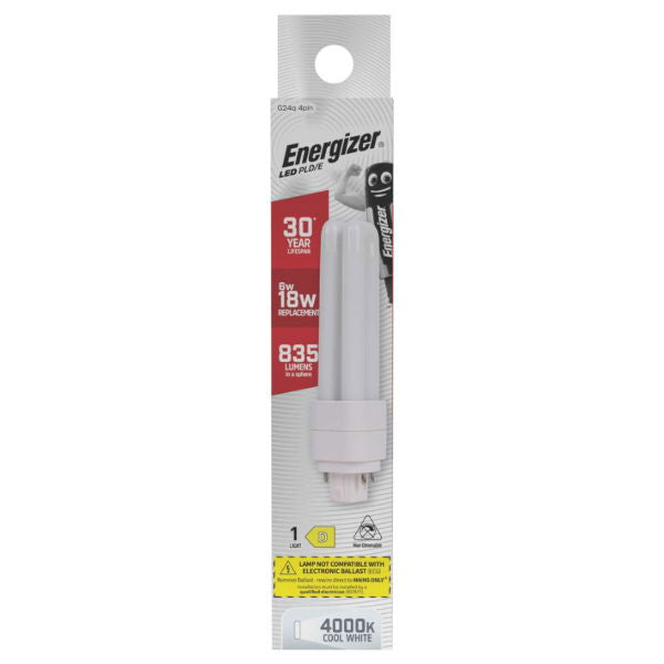 Energizer G24q 4Pin LED PLD-E White 145mm x 34mm S30425 | 6W | 18W Replacement | 4000K Cool White | 835 Lumens | 30-Year Lifespan | Non Dimmable | 30000Hr Lifespan | Mercury Free | Energy Rating D | CRI-80