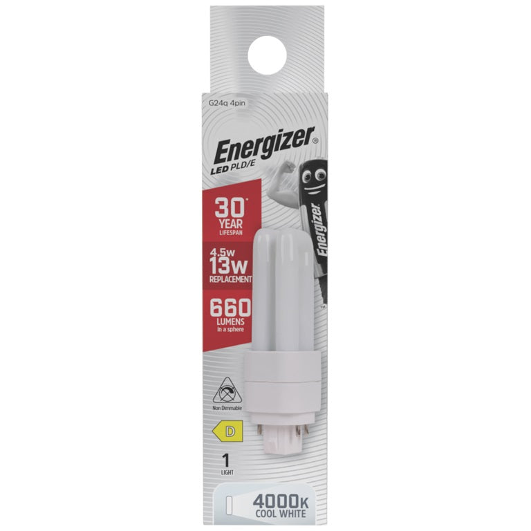 Energizer G24q 4Pin LED PLD-E White 109mm x 34mm S30424 | 4.5W | 13W Replacement | 4000K Cool White | 660 Lumens | 30-Year Lifespan | Non Dimmable | 30000Hr Lifespan | Mercury Free | Energy Rating D | CRI-80