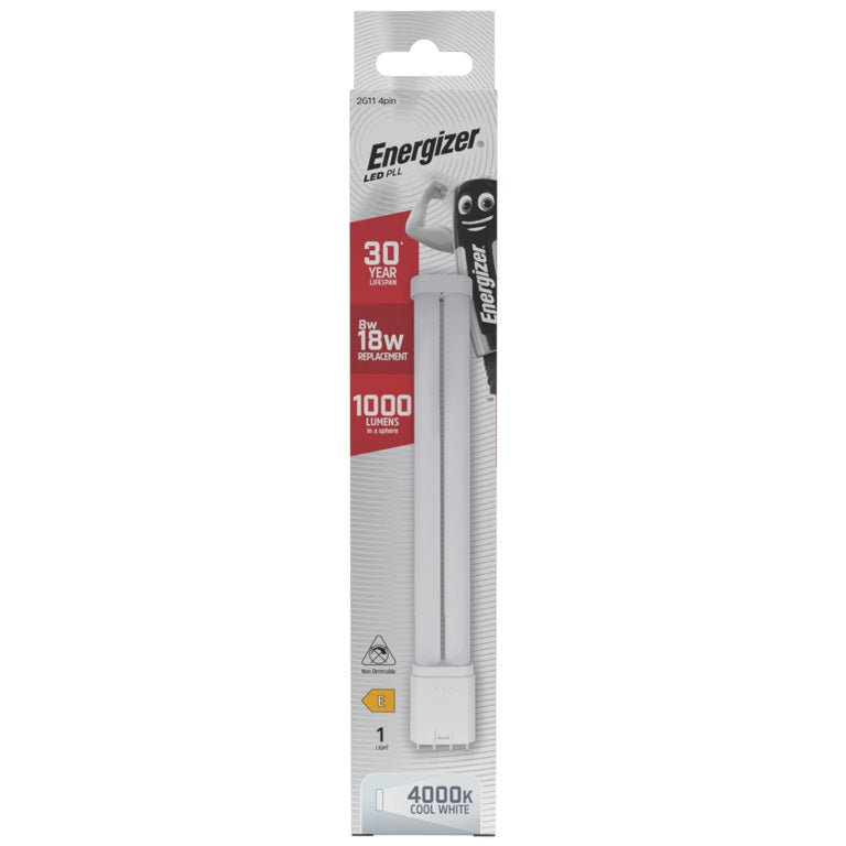 Energizer 2G11 4Pin LED PLL White 230mm x 44mm S30427 | 8W | 18W Replacement | 4000K Cool White | 1000 Lumens | 30-Year Lifespan | Non-Dimmable | 30000Hr Lifespan | Mercury Free | Energy Rating E | CRI-80