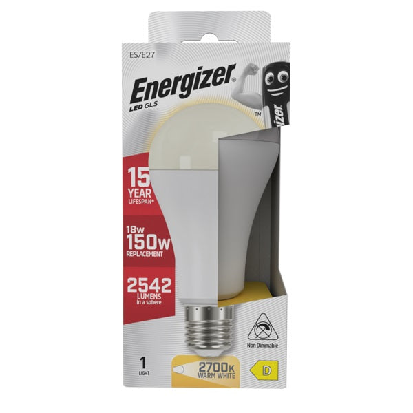 Energizer GLS ES-E27 LED Light Bulb White 132mm x 65mm S29833 | 18W | 150W Replacement | 2700K Warm White | 2542 Lumens | 15-Year Lifespan | Non-Dimmable | 15000Hr Lifespan | Mercury Free | Energy Rating D | CRI-80