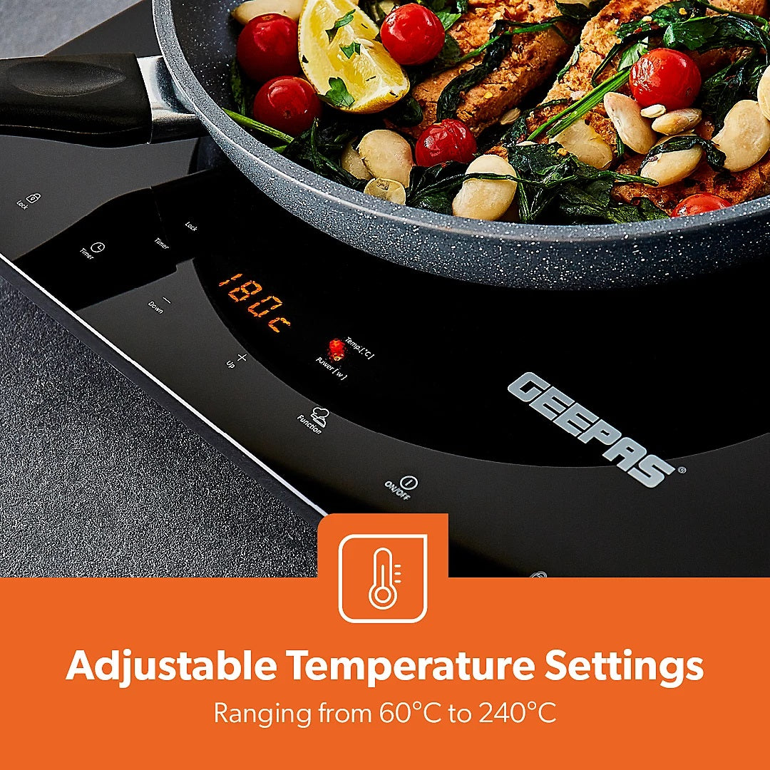 Geepas Double Induction Cooker Black H5cm x W56cm x D35cm 2800W GIC33021UK | Timer | Digital Display | Touch Control | Double Cooking Hob | A Grade Polished Crystal Plate 350mm x 560mm Aluminum Coil and High Quality IGBT