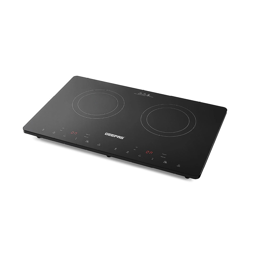 Geepas Double Induction Cooker Black H5cm x W56cm x D35cm 2800W GIC33021UK | Timer | Digital Display | Touch Control | Double Cooking Hob | A Grade Polished Crystal Plate 350mm x 560mm Aluminum Coil and High Quality IGBT