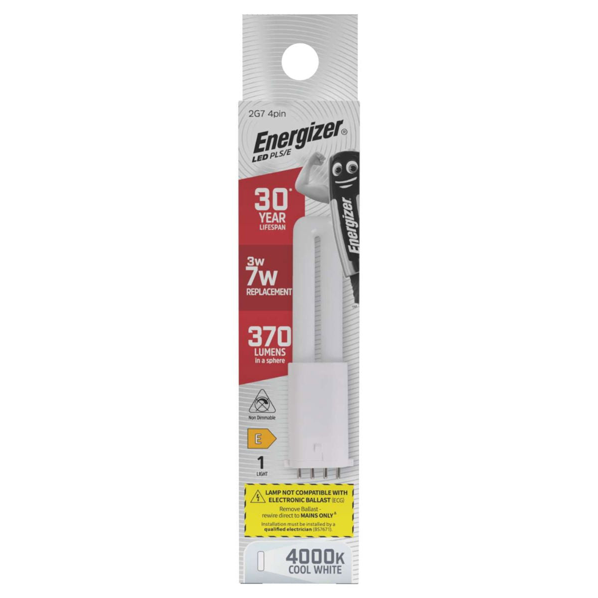 Energizer 2G7 4Pin LED PLS-E White 137mm x 30mm S30435 | 3W | 7W Replacement | 4000K Cool White | 370 Lumens | 30-Year Lifespan | Non Dimmable | 30000Hr Lifespan | Mercury Free | Energy Rating E | CRI-80