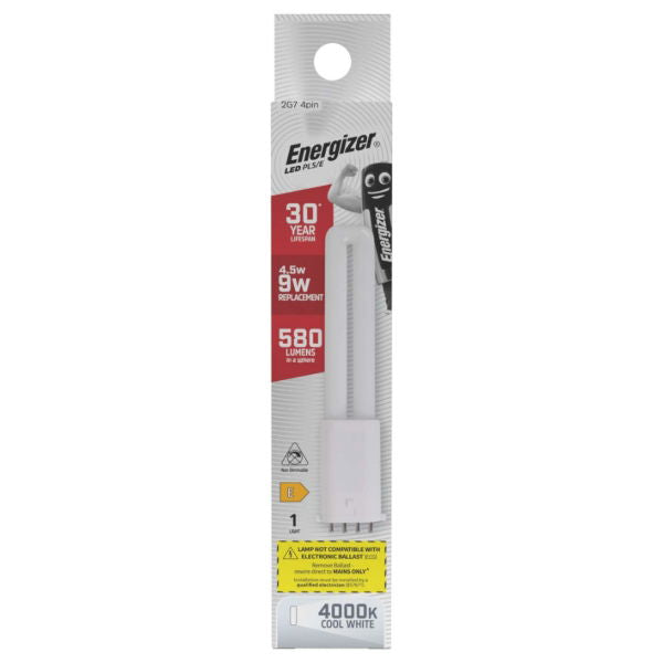 Energizer 2G7 4Pin LED PLS-E White 165mm x 30mm S30436 | 4.5W | 9W Replacement | 4000K Cool White | 580 Lumens | 30-Year Lifespan | Non Dimmable | 30000Hr Lifespan | Mercury Free | Energy Rating E | CRI-80